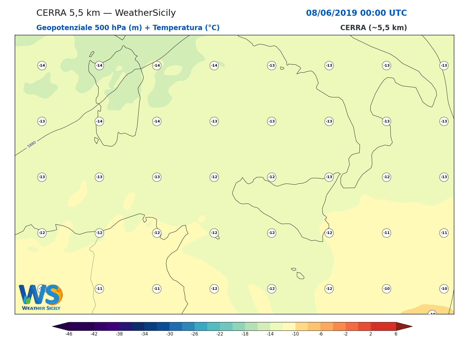 Geopotenziale 500 hPa + Temperatura · 2019060800