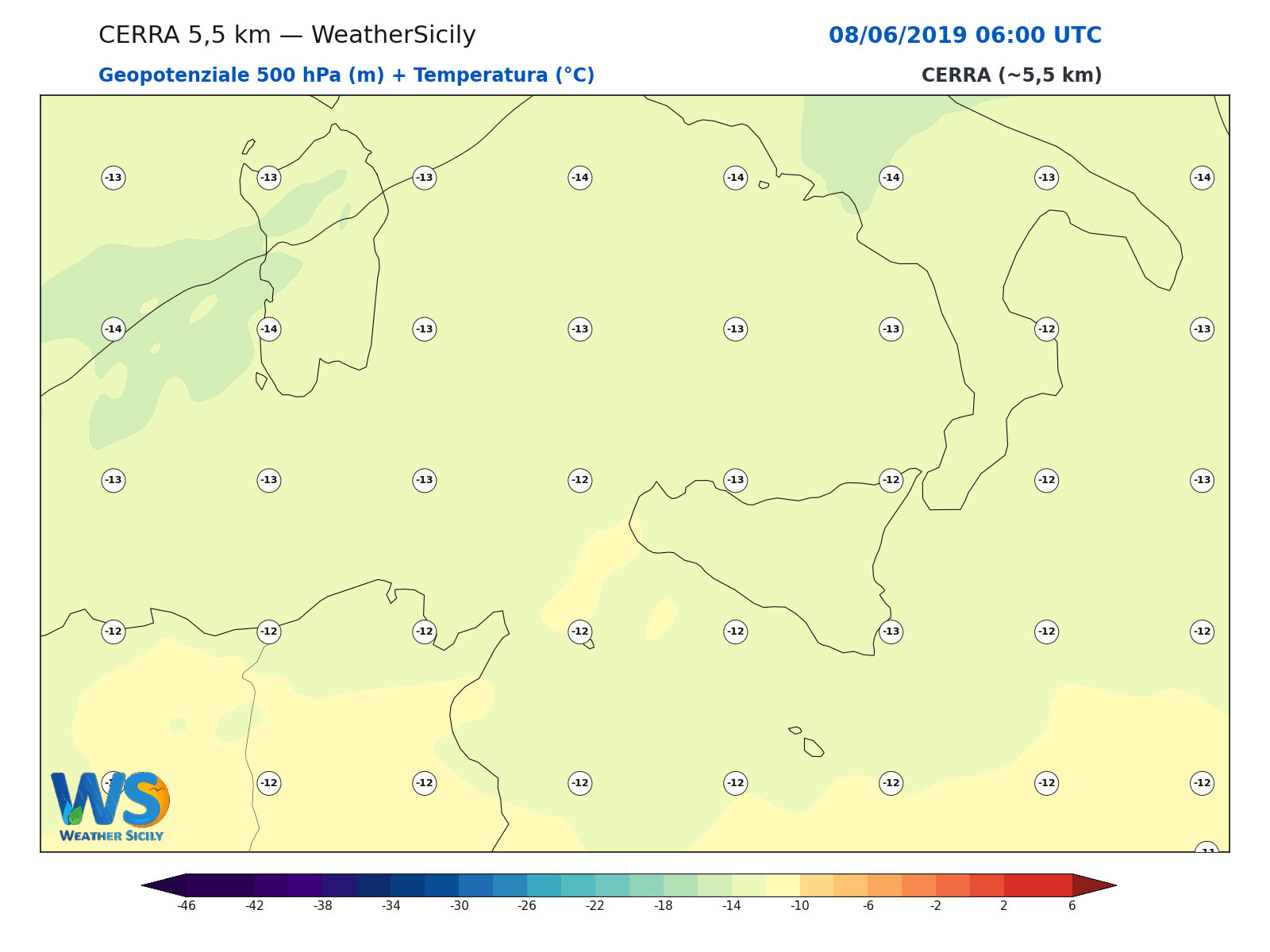 Geopotenziale 500 hPa + Temperatura · 2019060806
