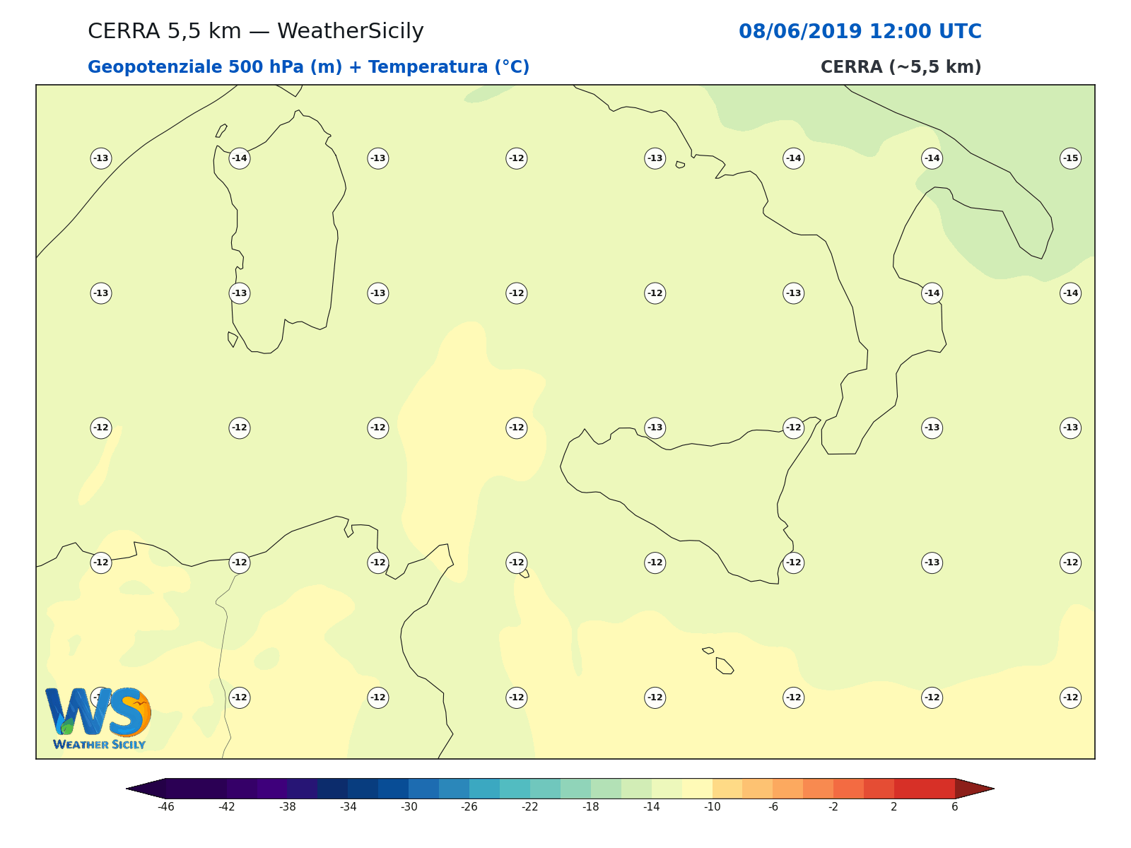 Geopotenziale 500 hPa + Temperatura · 2019060812