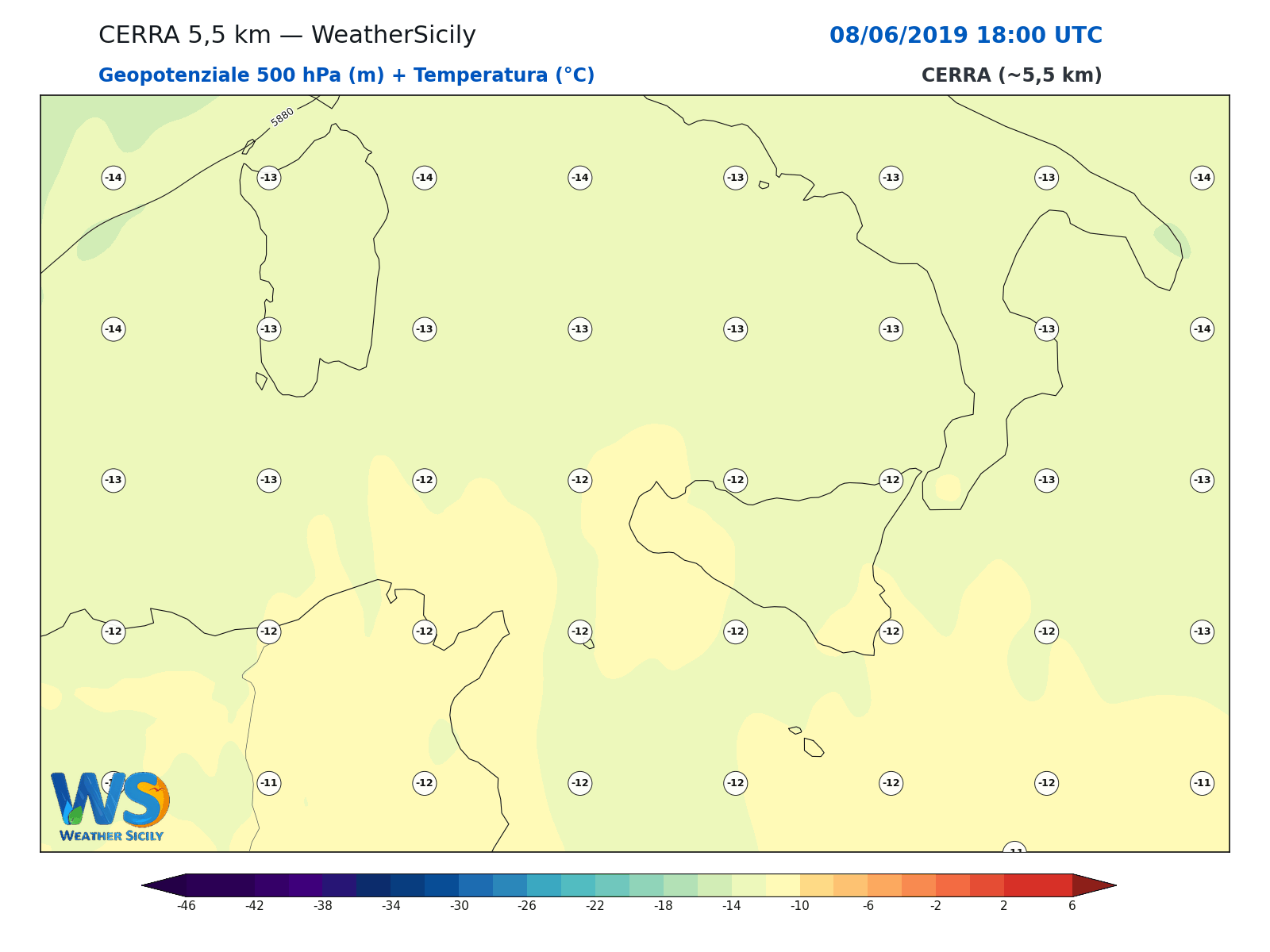 Geopotenziale 500 hPa + Temperatura · 2019060818