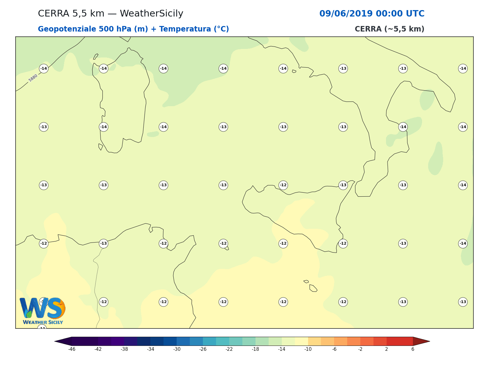 Geopotenziale 500 hPa + Temperatura · 2019060900