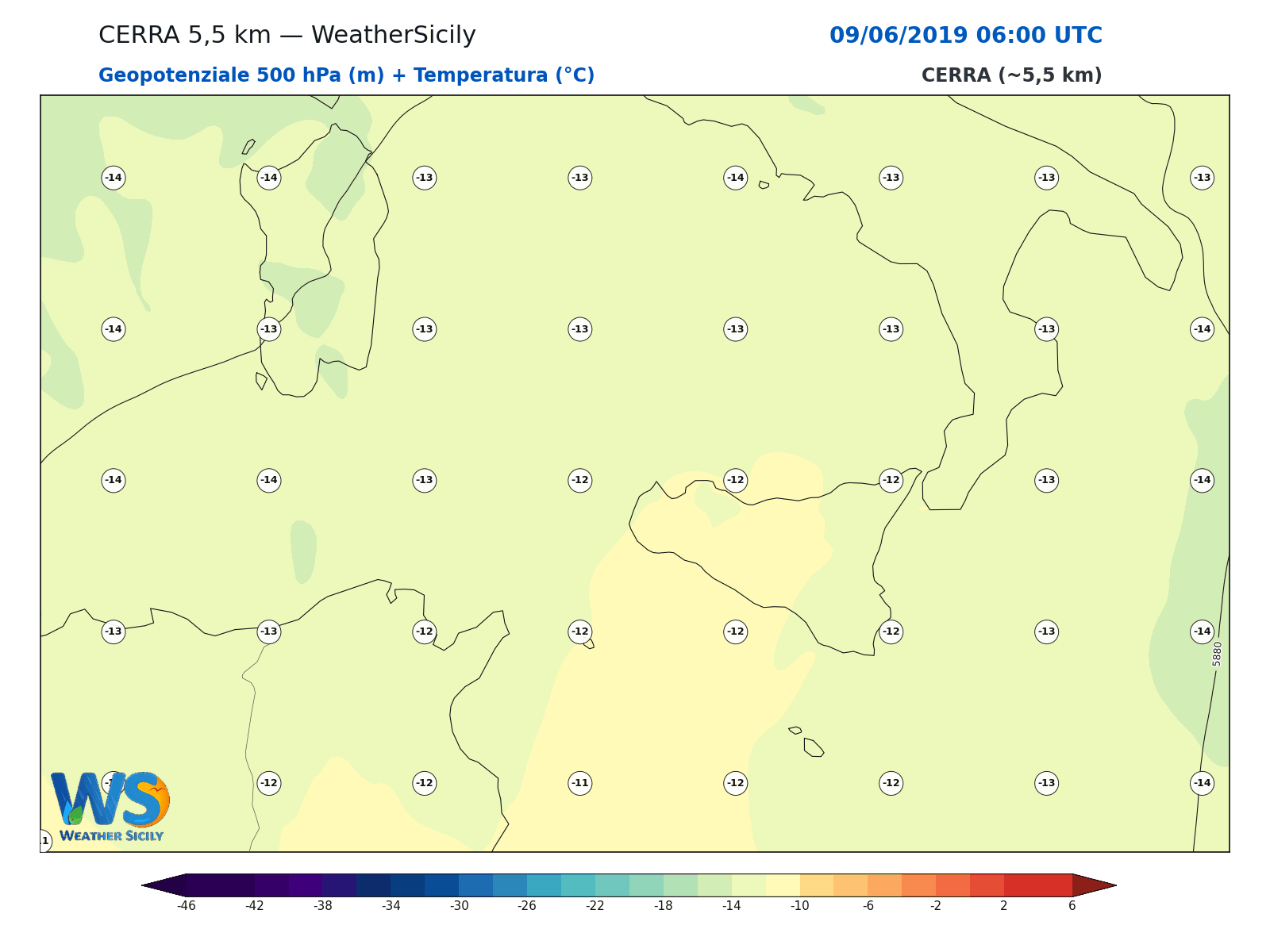 Geopotenziale 500 hPa + Temperatura · 2019060906