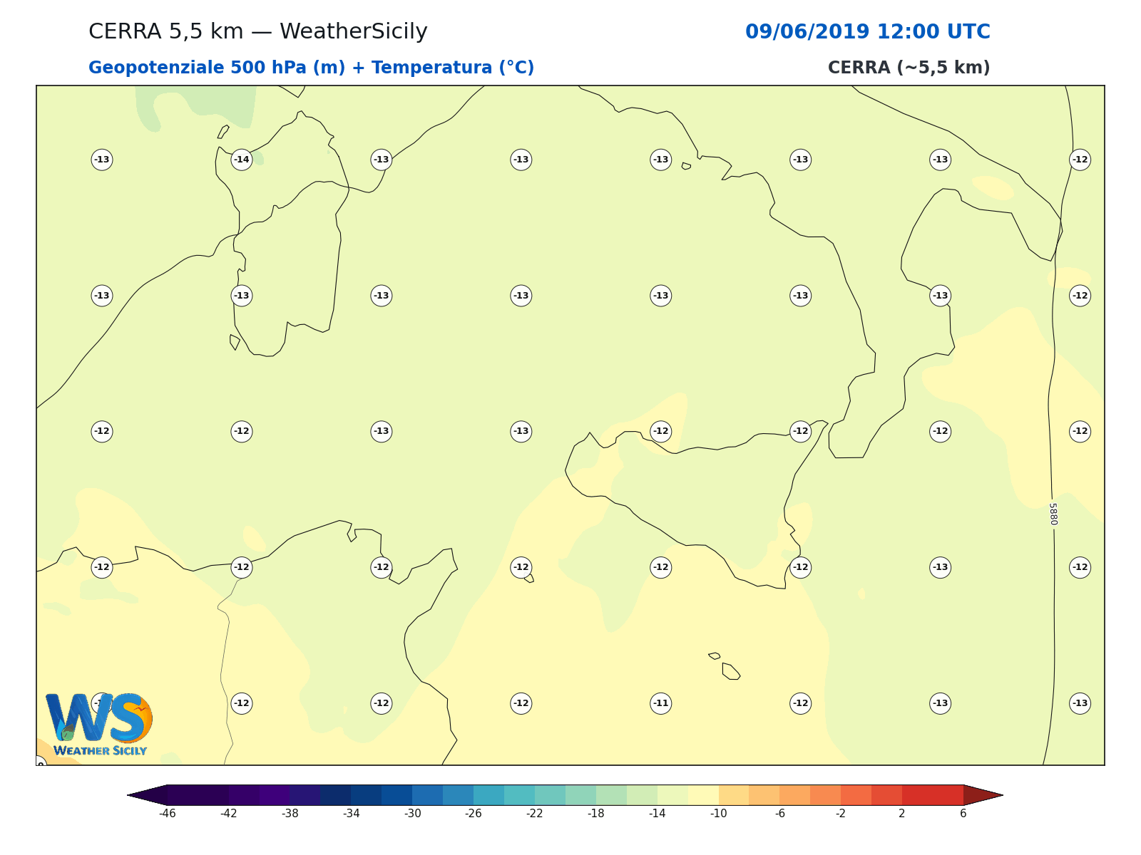 Geopotenziale 500 hPa + Temperatura · 2019060912