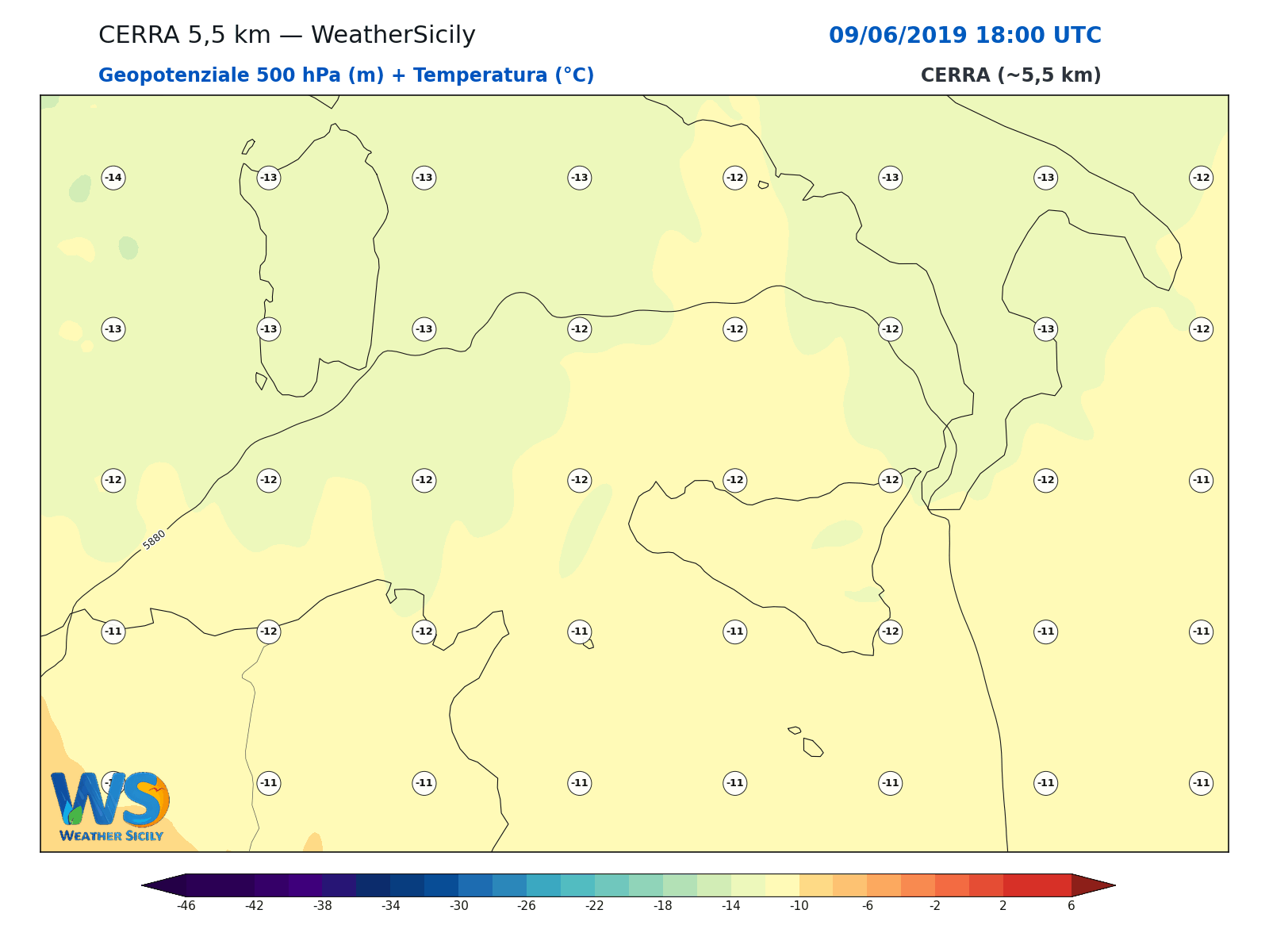 Geopotenziale 500 hPa + Temperatura · 2019060918