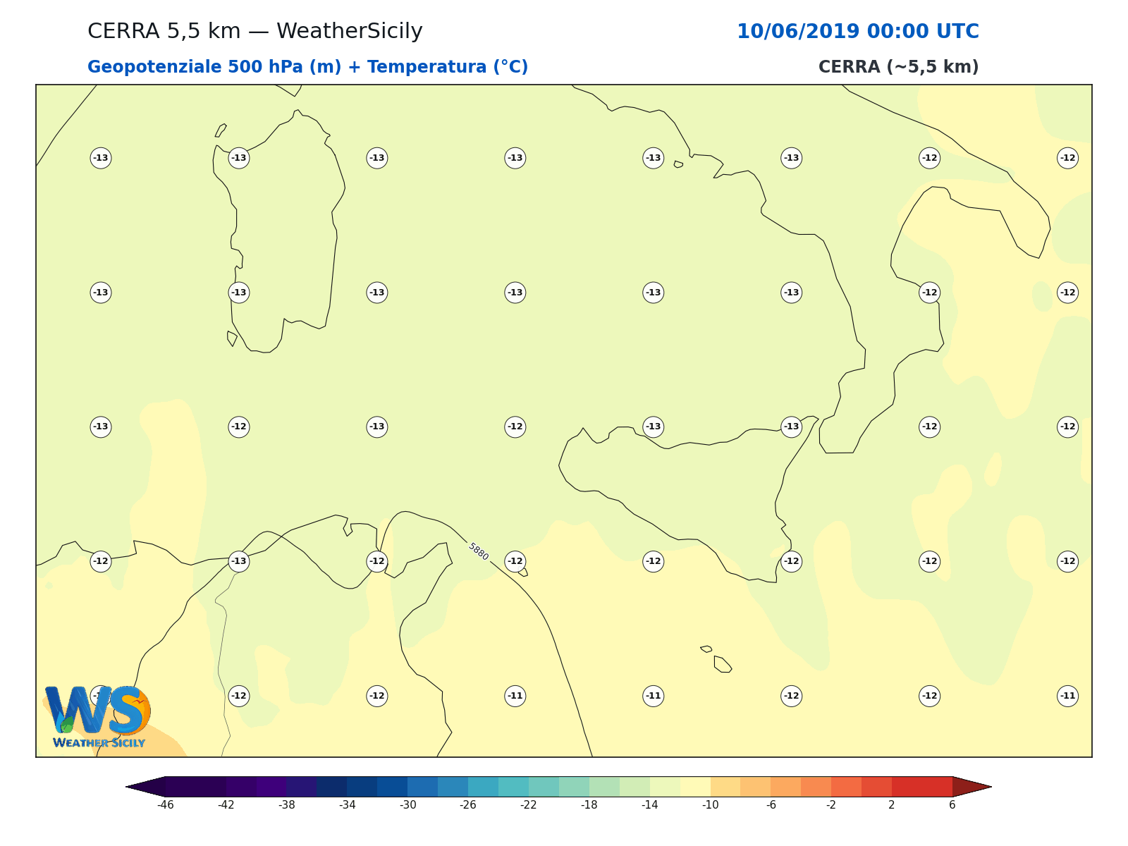 Geopotenziale 500 hPa + Temperatura · 2019061000