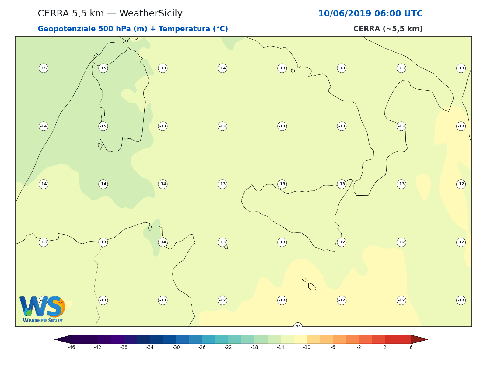 Geopotenziale 500 hPa + Temperatura · 2019061006
