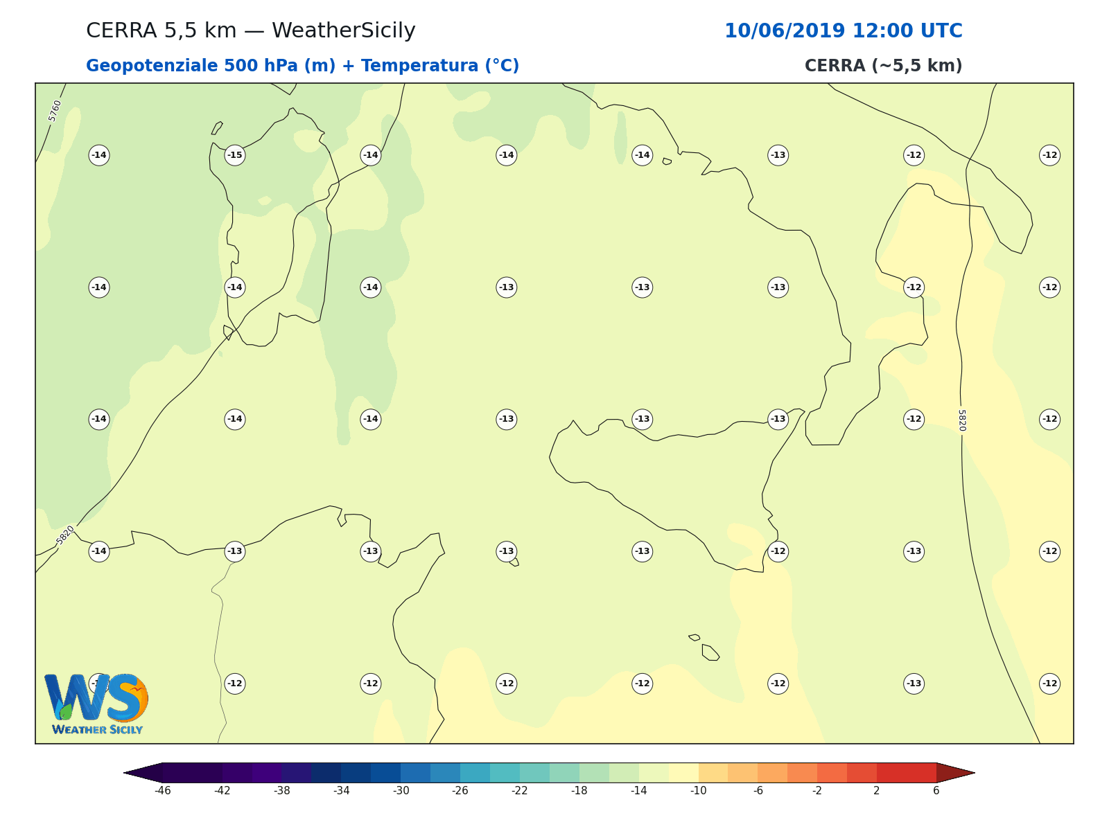 Geopotenziale 500 hPa + Temperatura · 2019061012