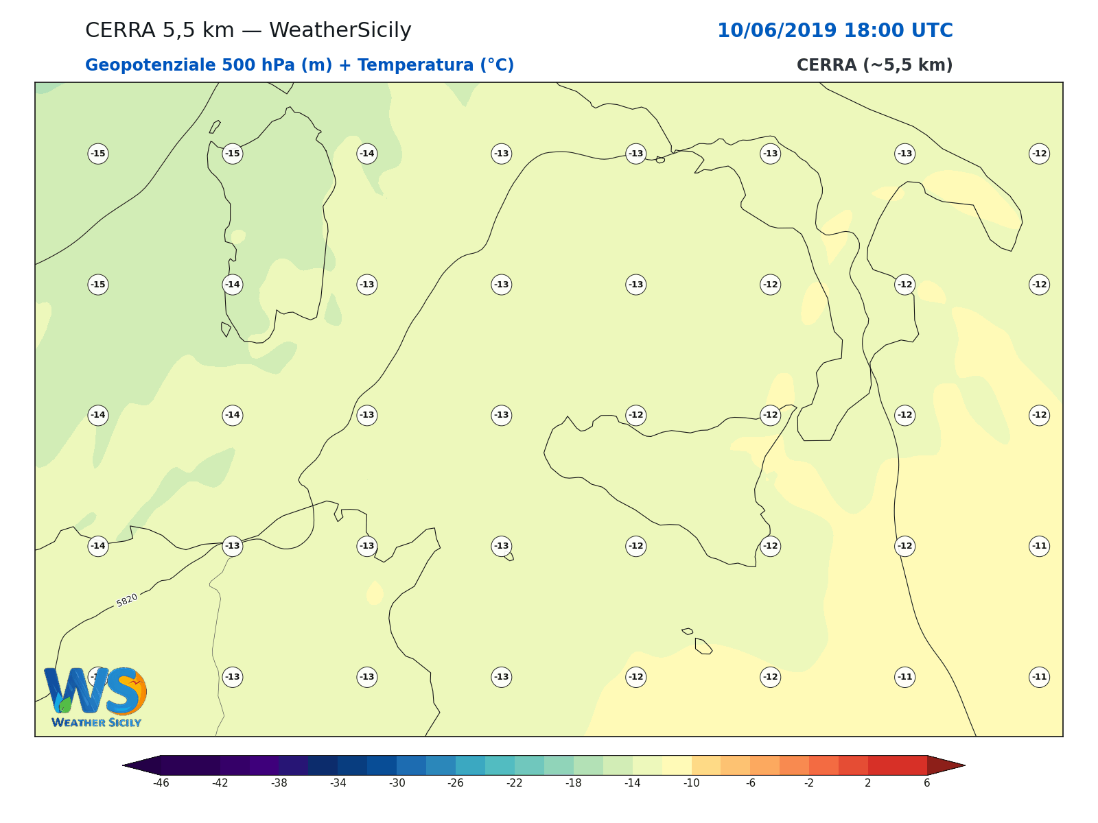 Geopotenziale 500 hPa + Temperatura · 2019061018