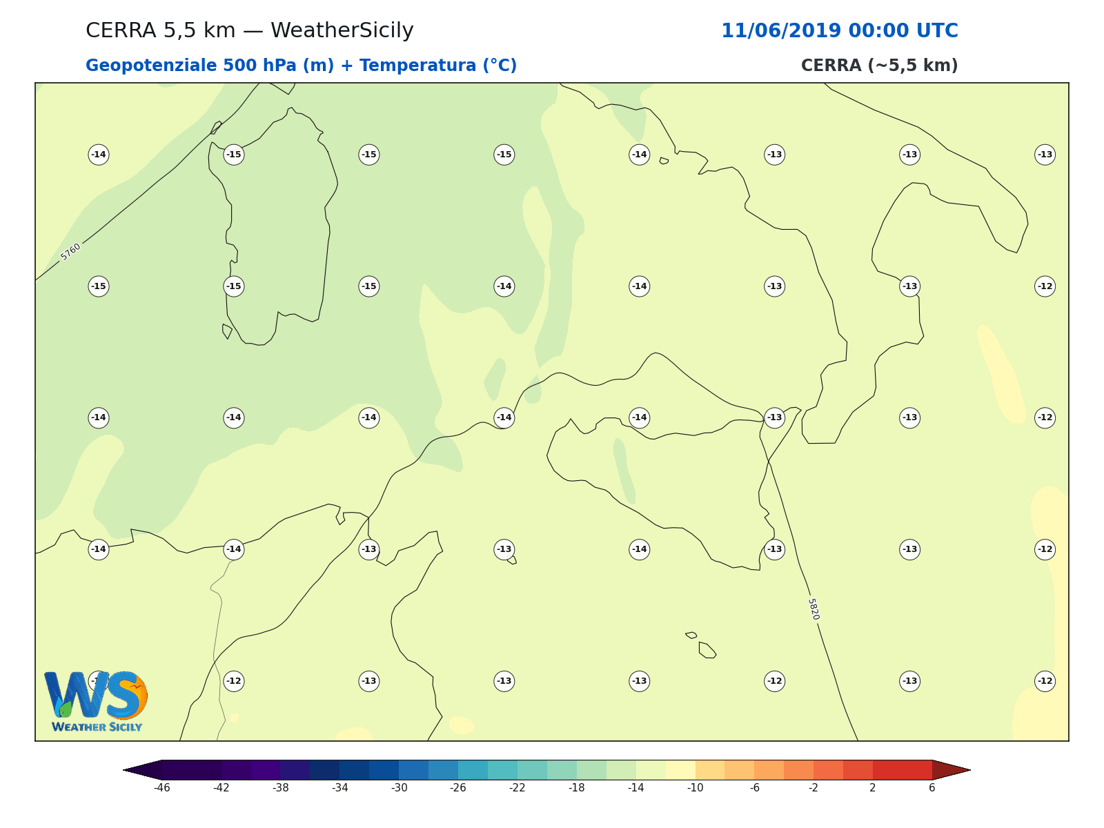 Geopotenziale 500 hPa + Temperatura · 2019061100