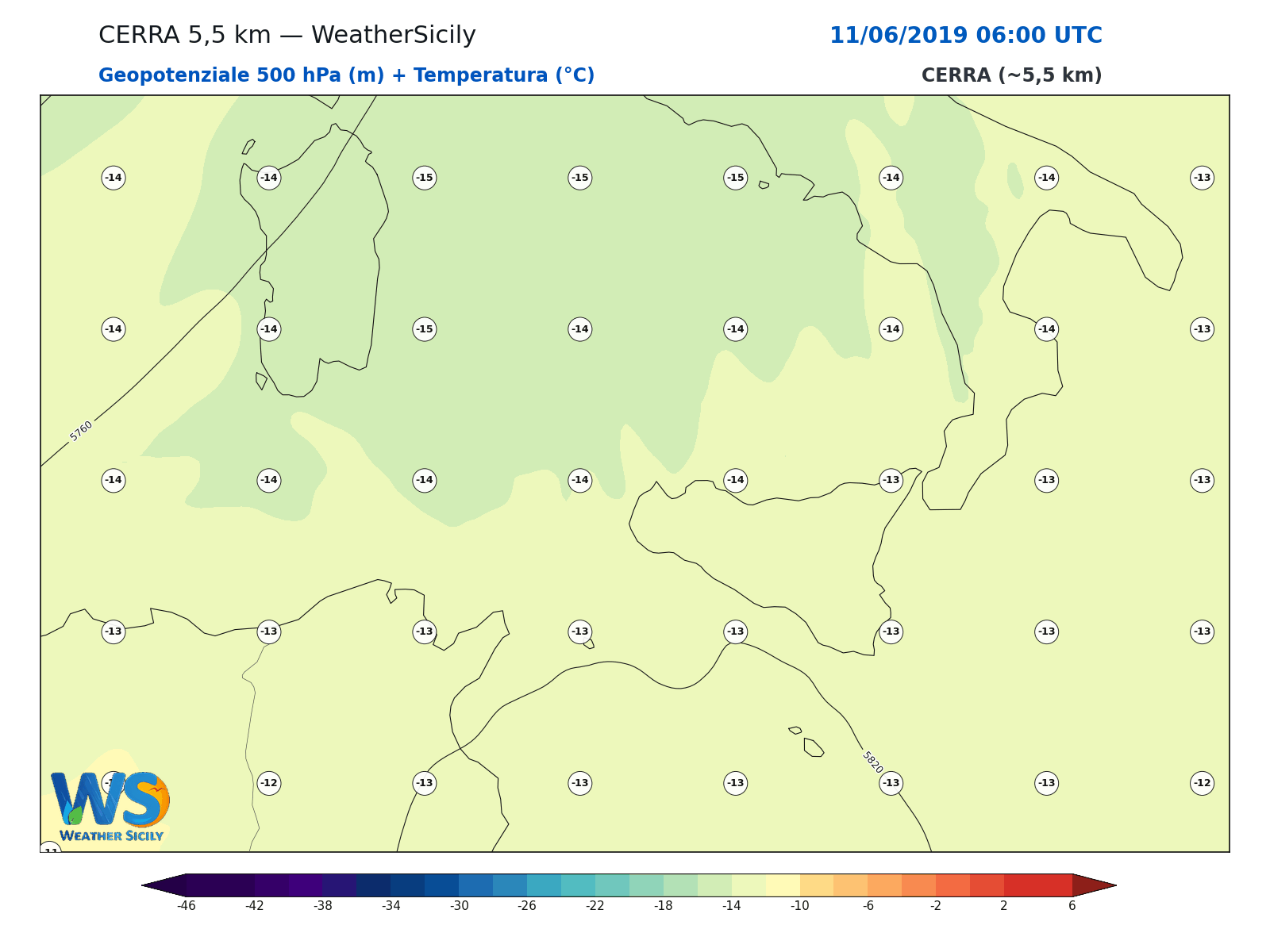 Geopotenziale 500 hPa + Temperatura · 2019061106