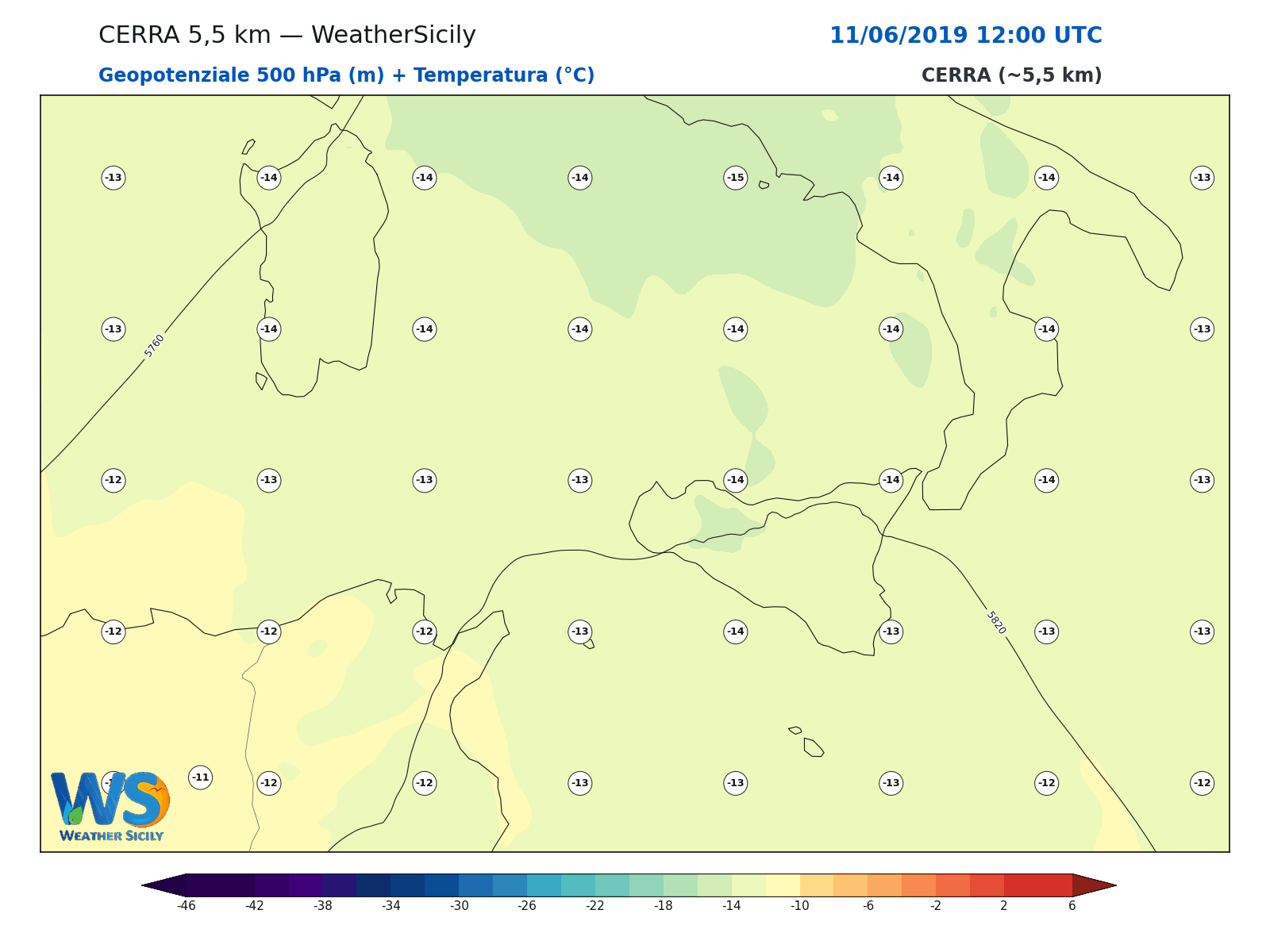 Geopotenziale 500 hPa + Temperatura · 2019061112