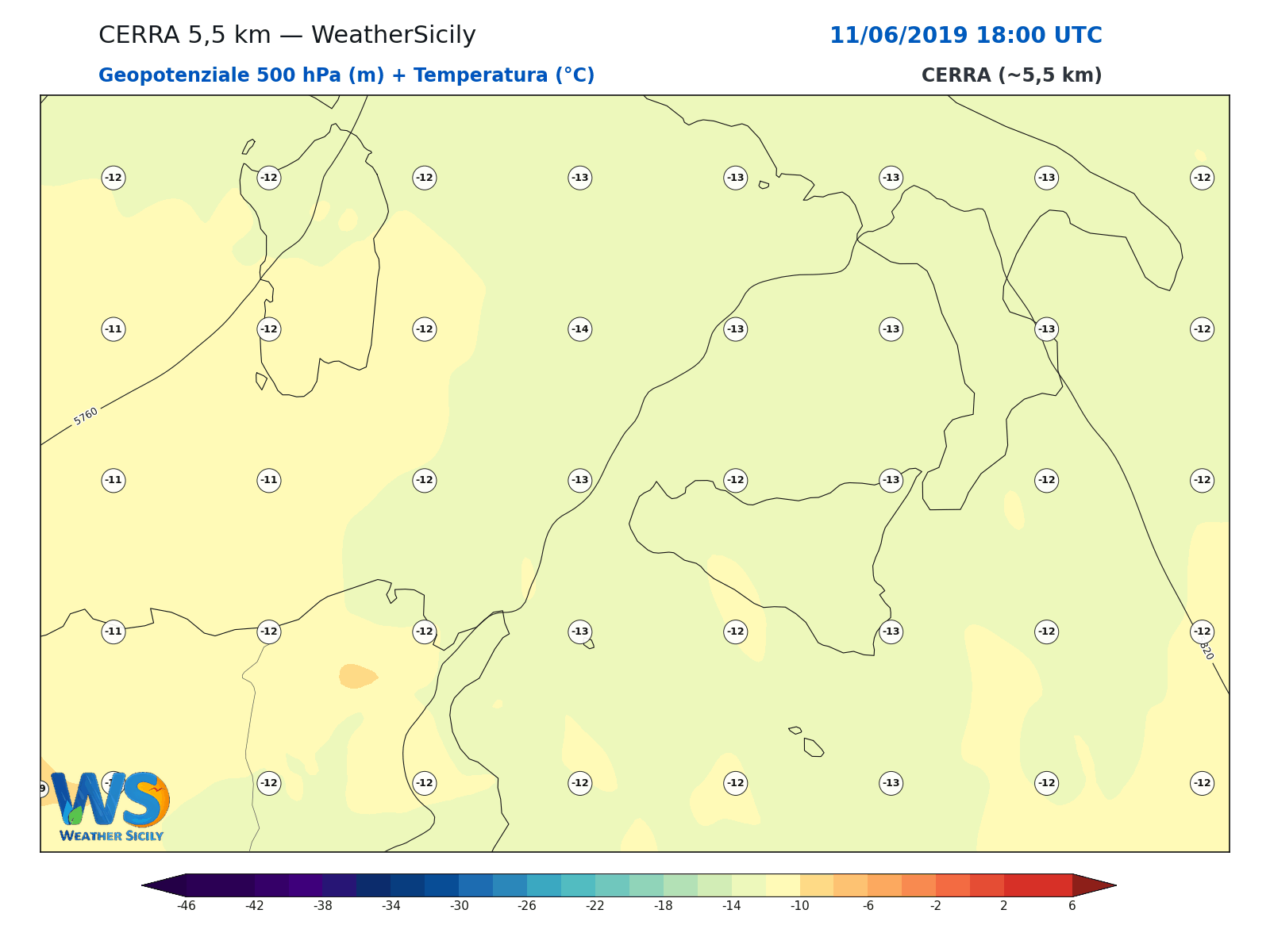 Geopotenziale 500 hPa + Temperatura · 2019061118