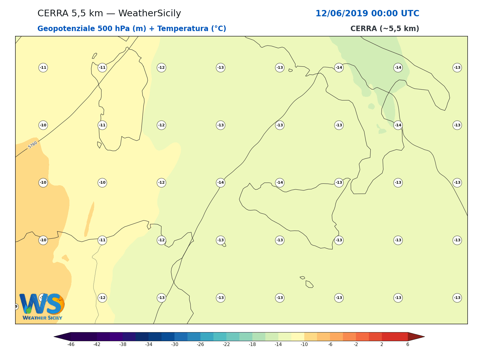 Geopotenziale 500 hPa + Temperatura · 2019061200