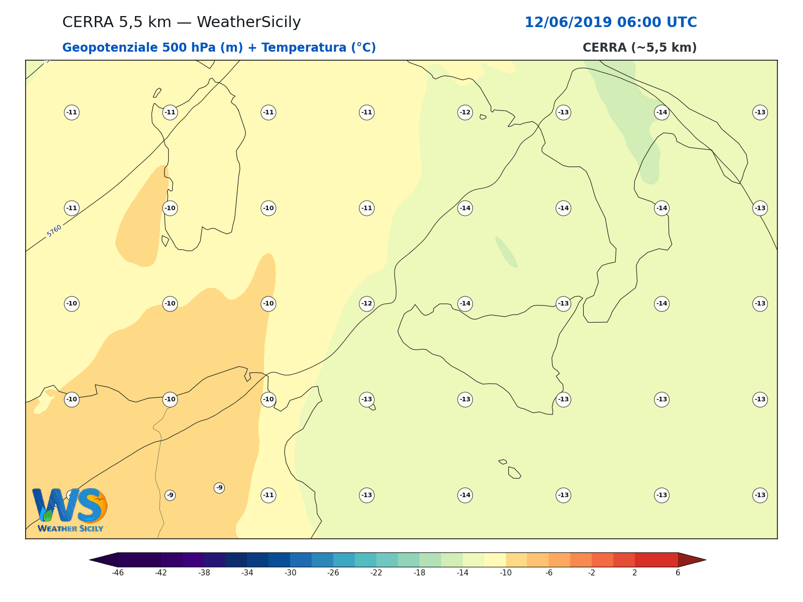 Geopotenziale 500 hPa + Temperatura · 2019061206