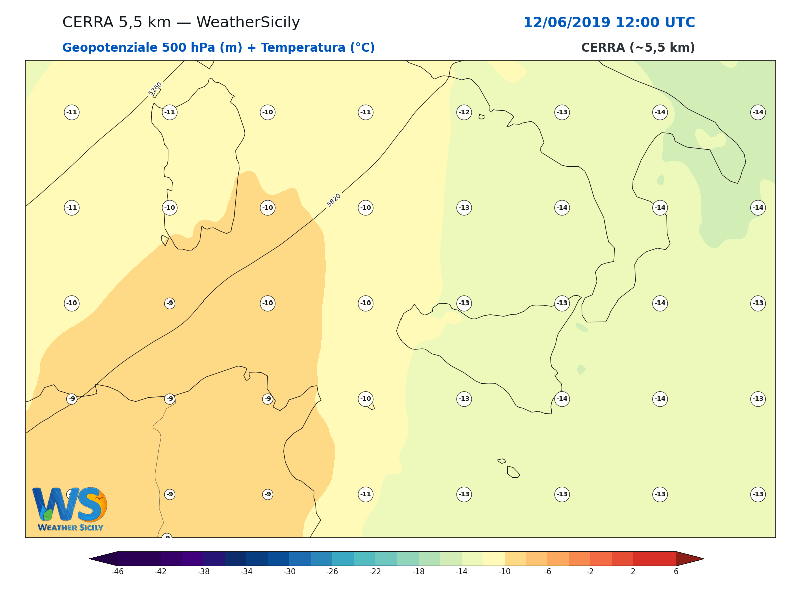 Geopotenziale 500 hPa + Temperatura · 2019061212