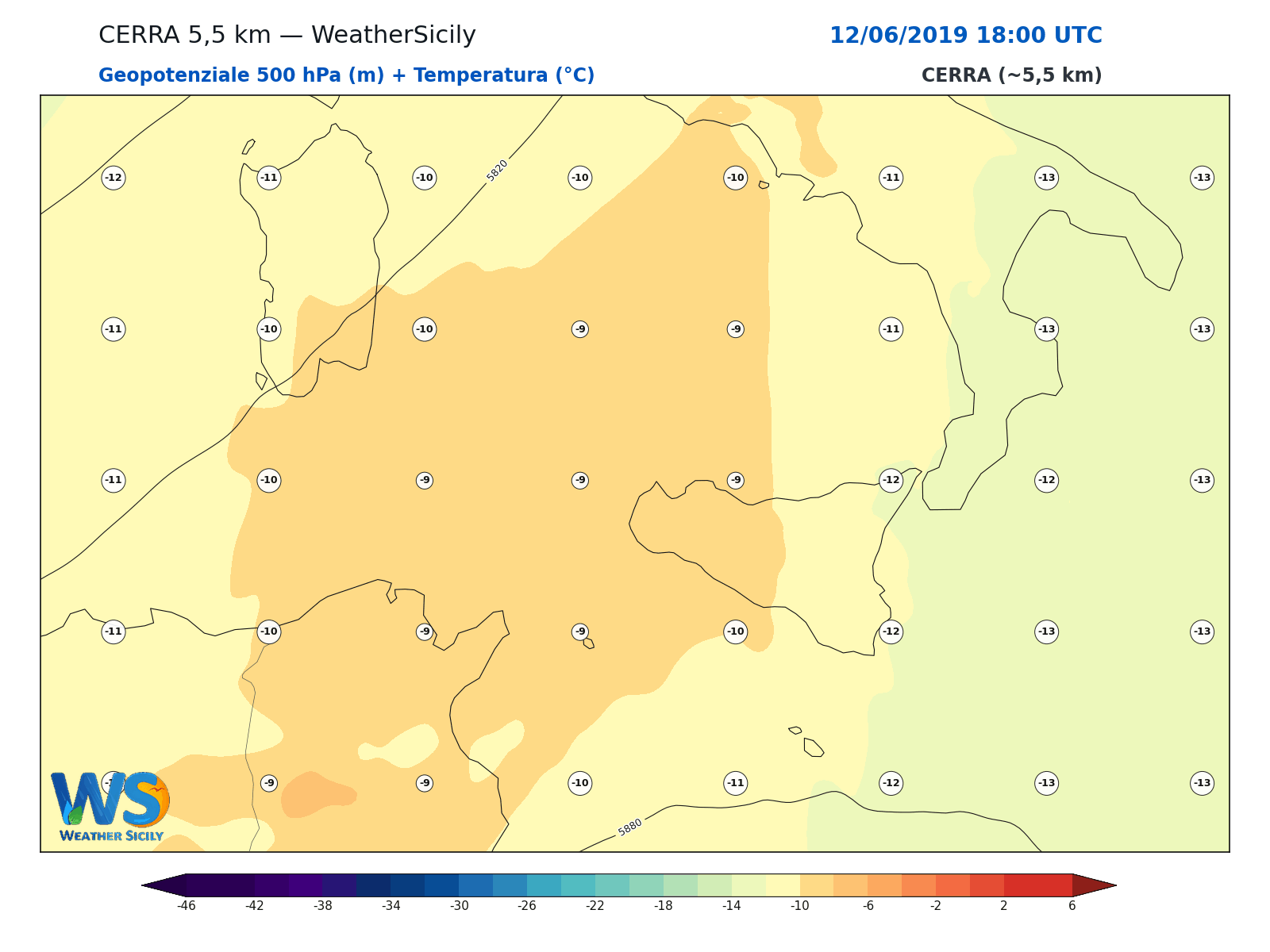 Geopotenziale 500 hPa + Temperatura · 2019061218
