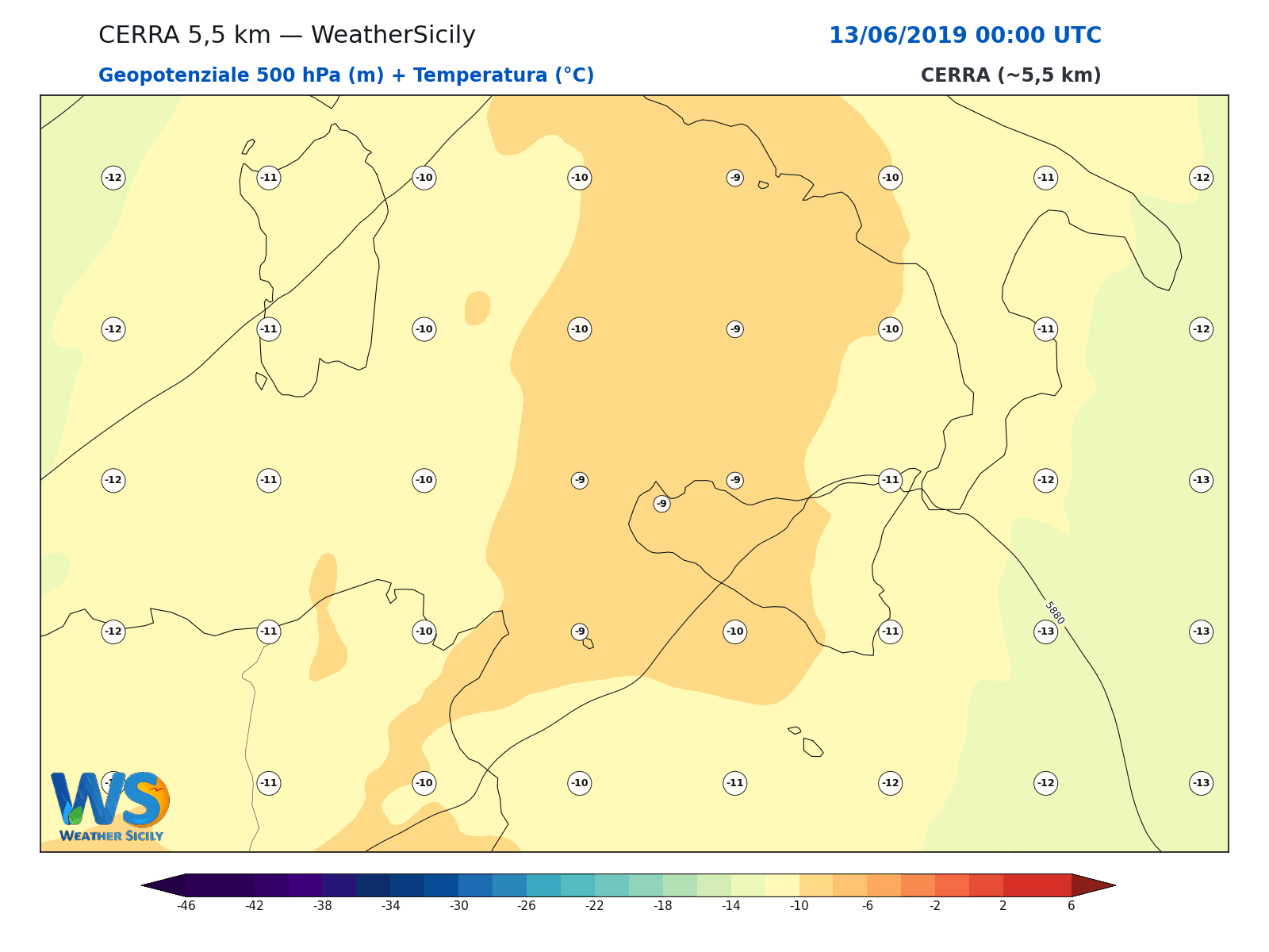 Geopotenziale 500 hPa + Temperatura · 2019061300