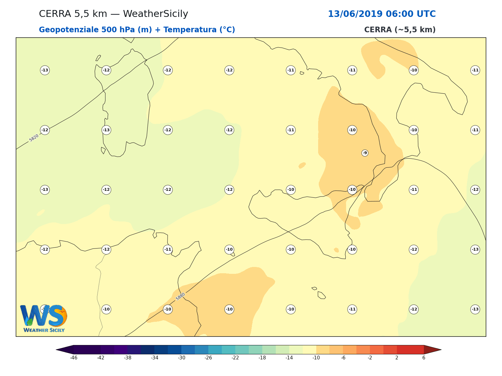 Geopotenziale 500 hPa + Temperatura · 2019061306