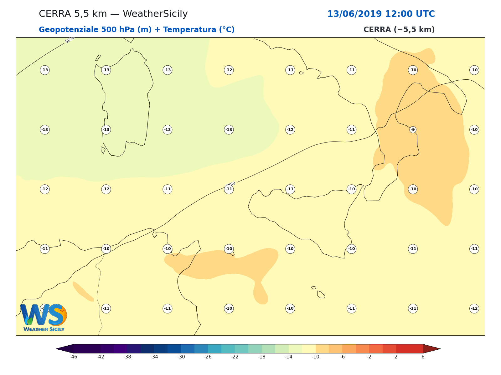 Geopotenziale 500 hPa + Temperatura · 2019061312