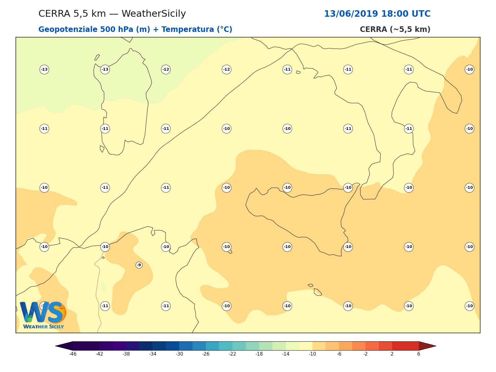 Geopotenziale 500 hPa + Temperatura · 2019061318