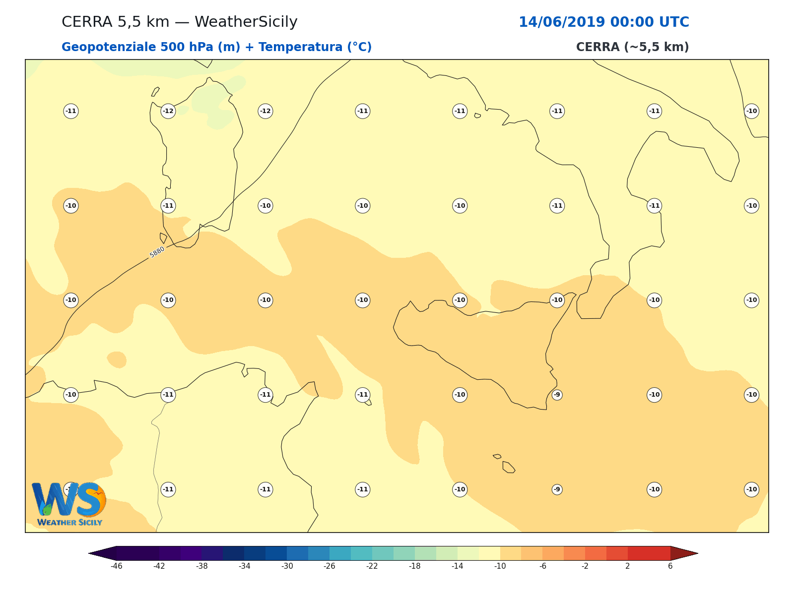 Geopotenziale 500 hPa + Temperatura · 2019061400