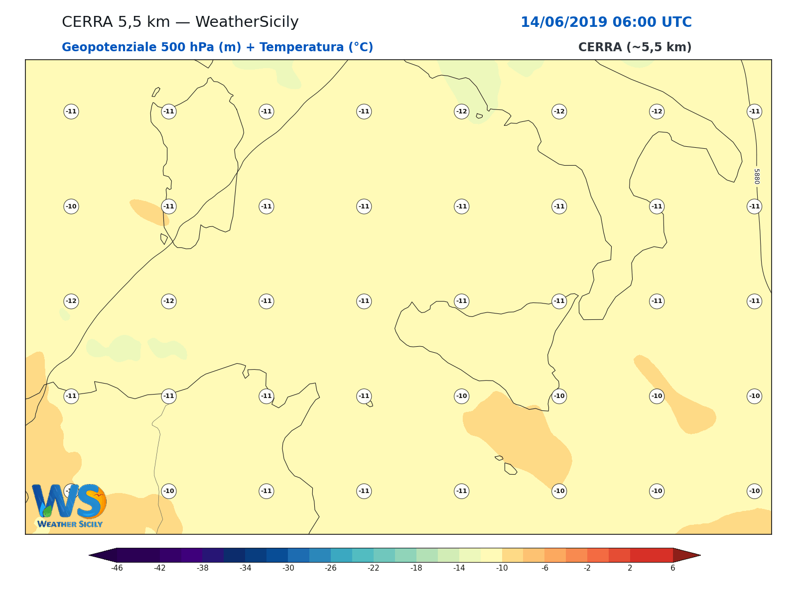 Geopotenziale 500 hPa + Temperatura · 2019061406