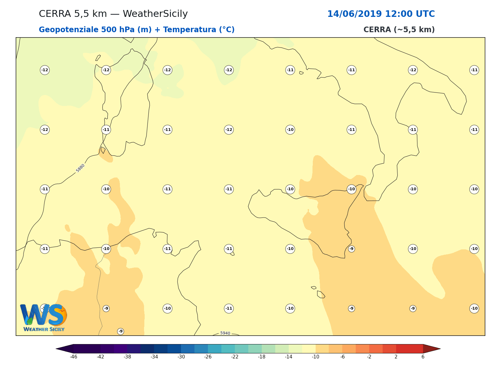 Geopotenziale 500 hPa + Temperatura · 2019061412