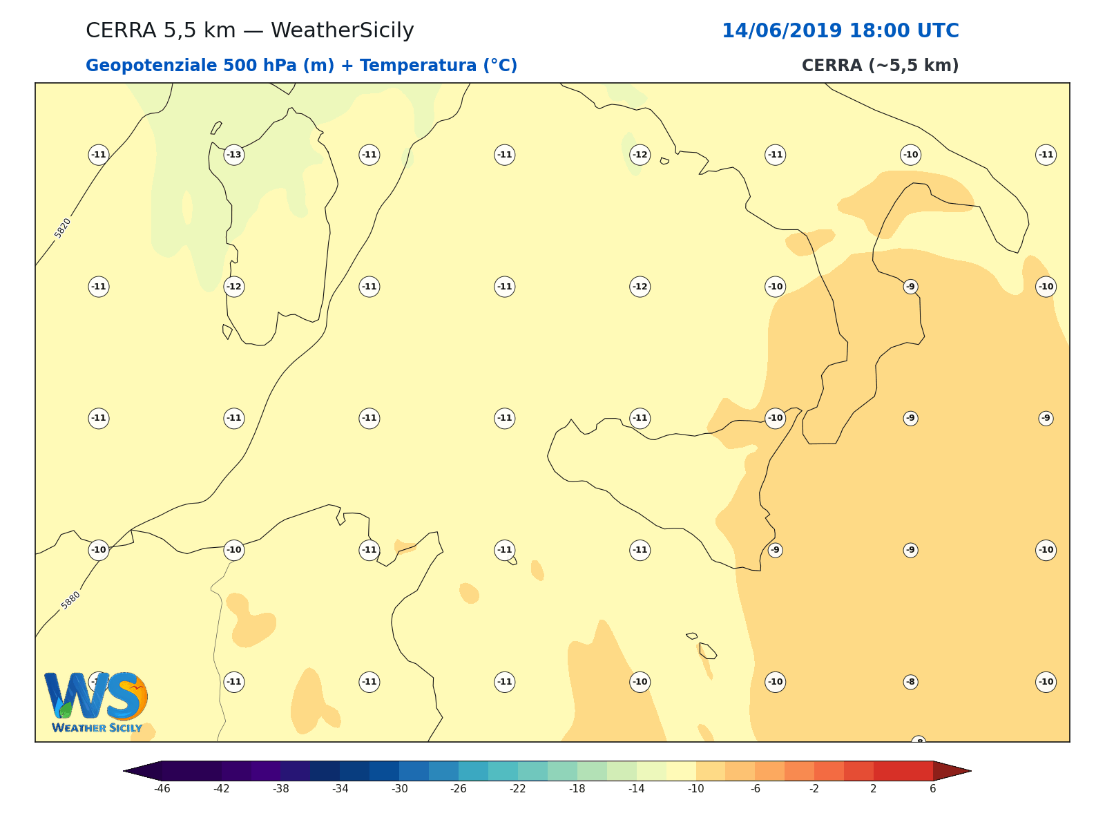 Geopotenziale 500 hPa + Temperatura · 2019061418