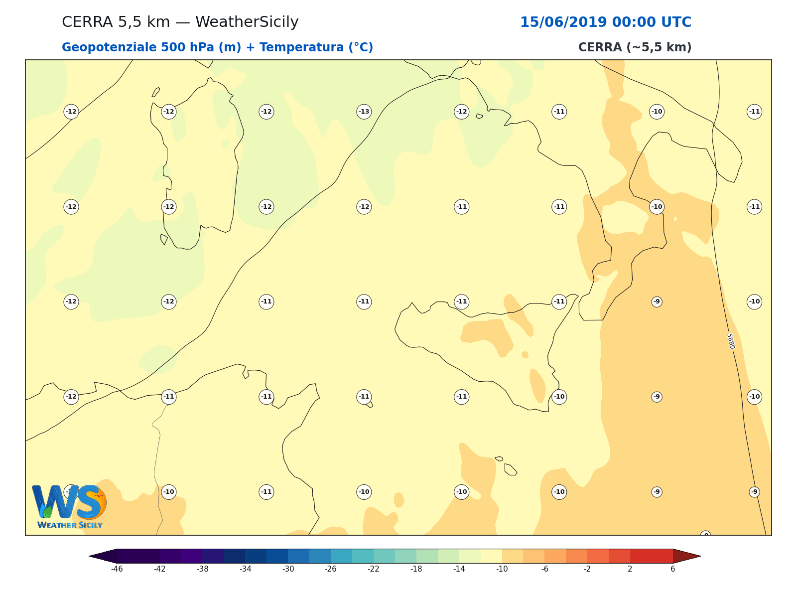 Geopotenziale 500 hPa + Temperatura · 2019061500