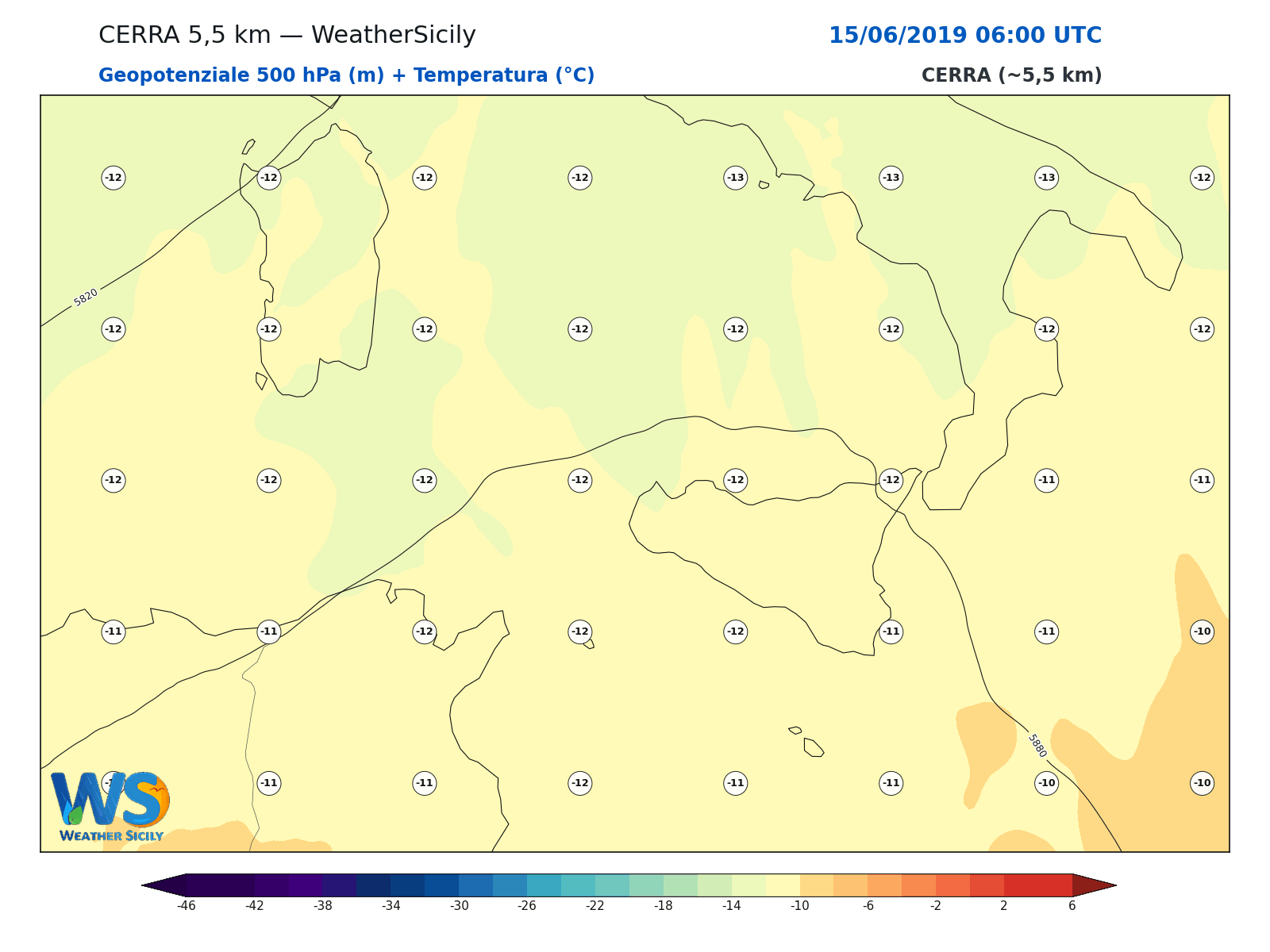 Geopotenziale 500 hPa + Temperatura · 2019061506