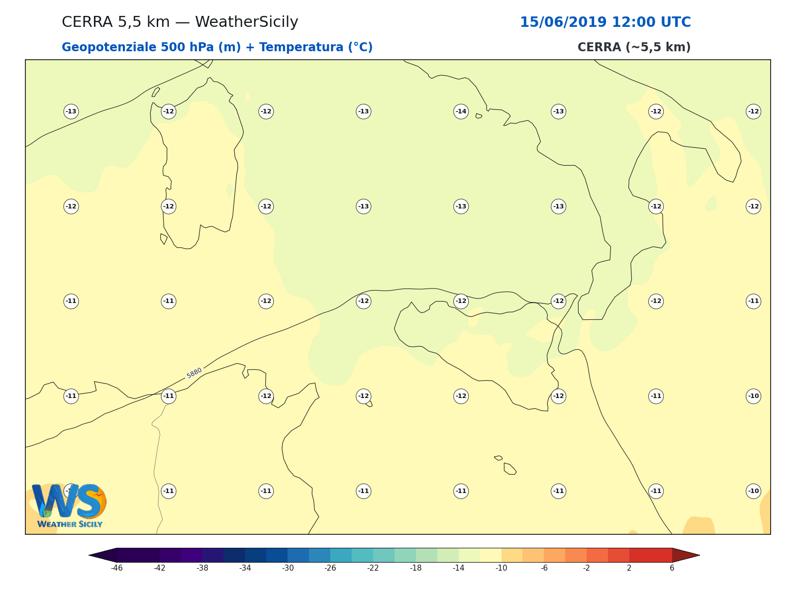 Geopotenziale 500 hPa + Temperatura · 2019061512
