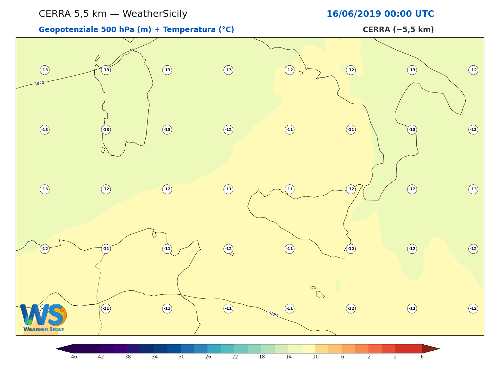 Geopotenziale 500 hPa + Temperatura · 2019061600