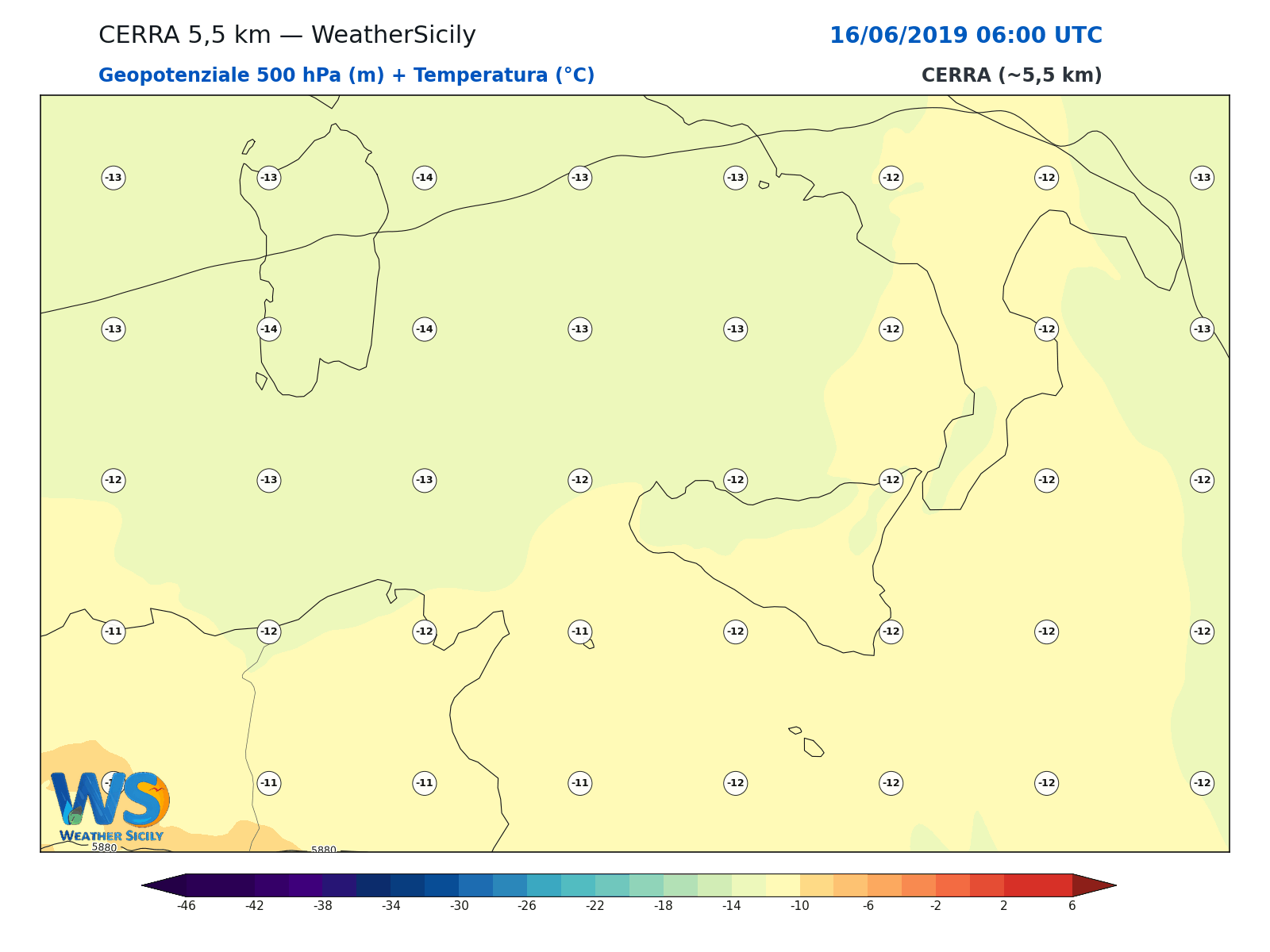 Geopotenziale 500 hPa + Temperatura · 2019061606