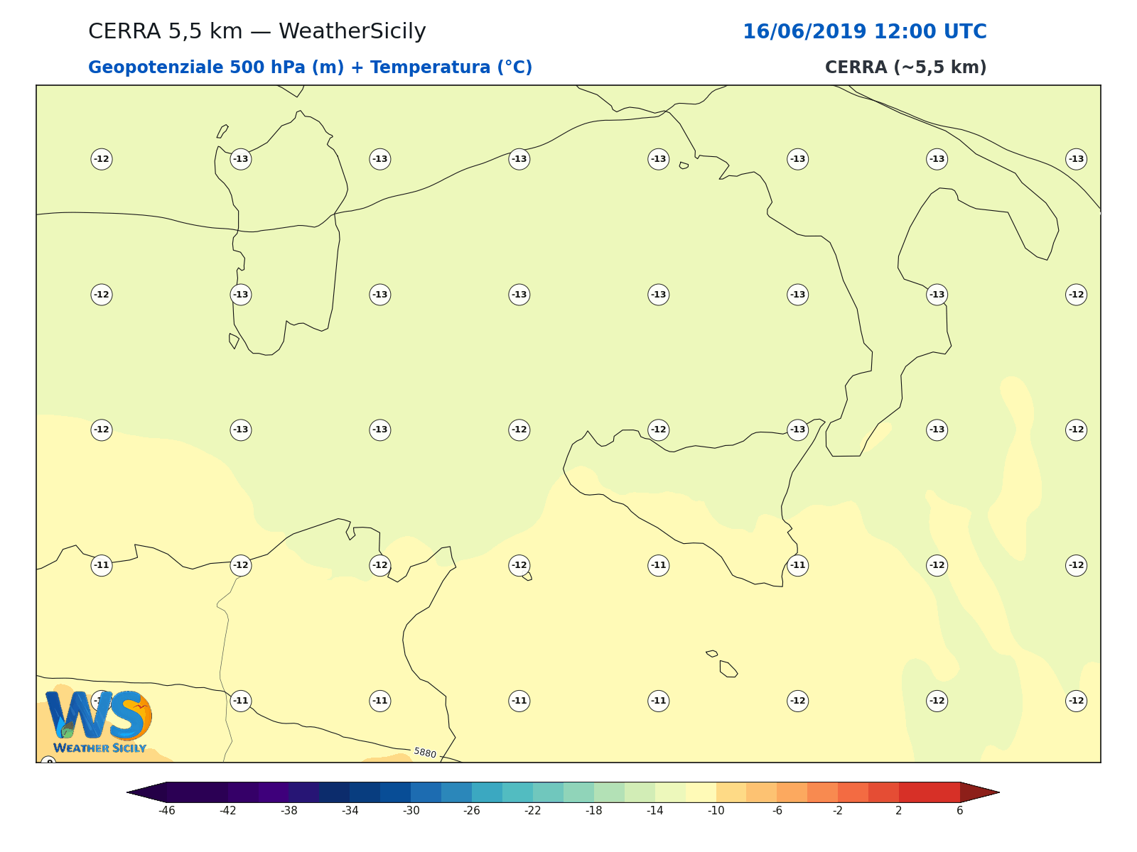 Geopotenziale 500 hPa + Temperatura · 2019061612