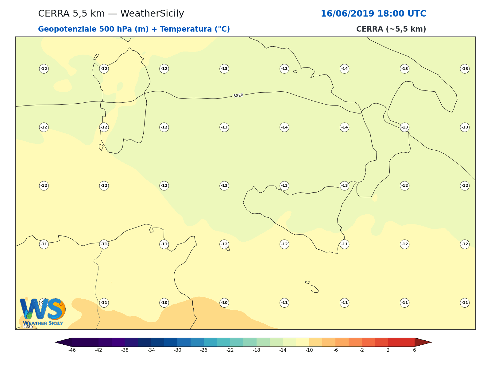 Geopotenziale 500 hPa + Temperatura · 2019061618