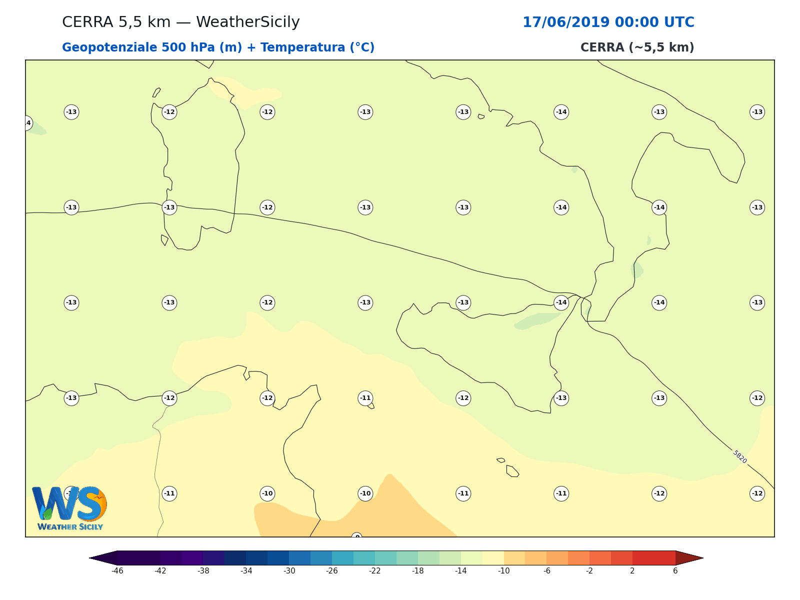 Geopotenziale 500 hPa + Temperatura · 2019061700