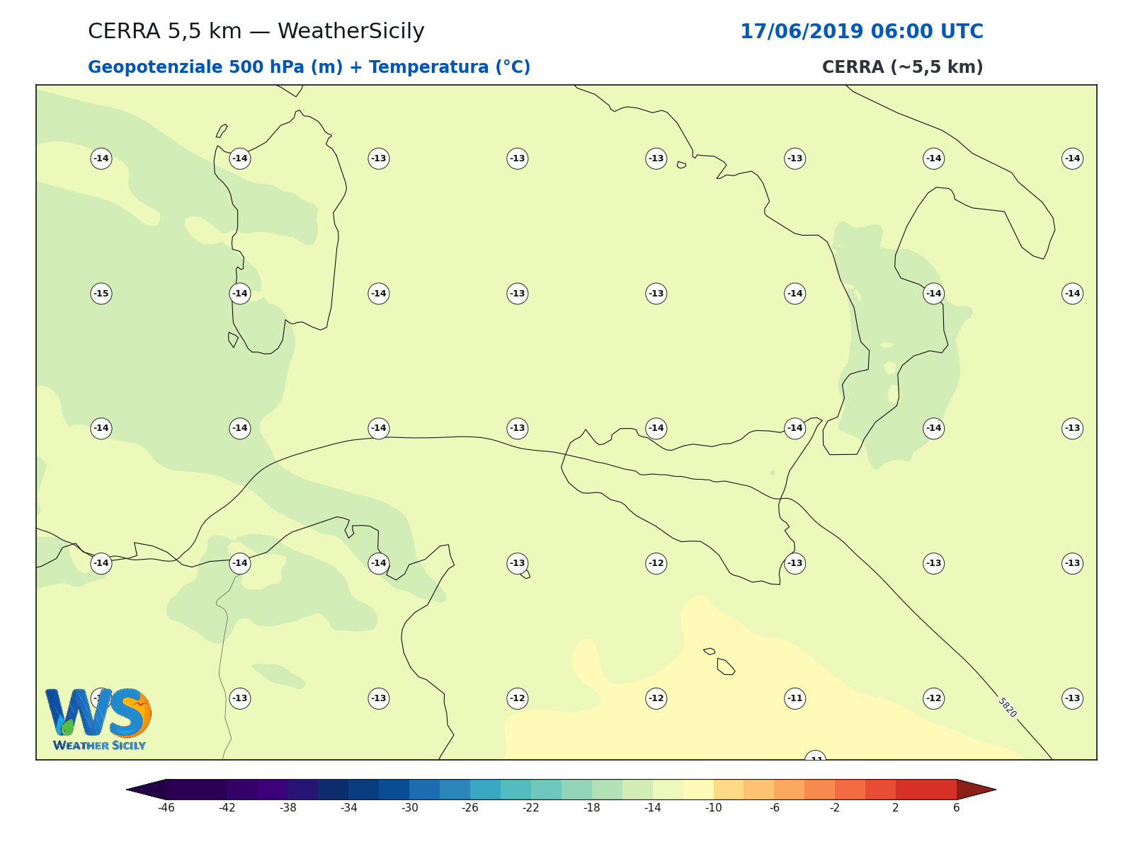 Geopotenziale 500 hPa + Temperatura · 2019061706