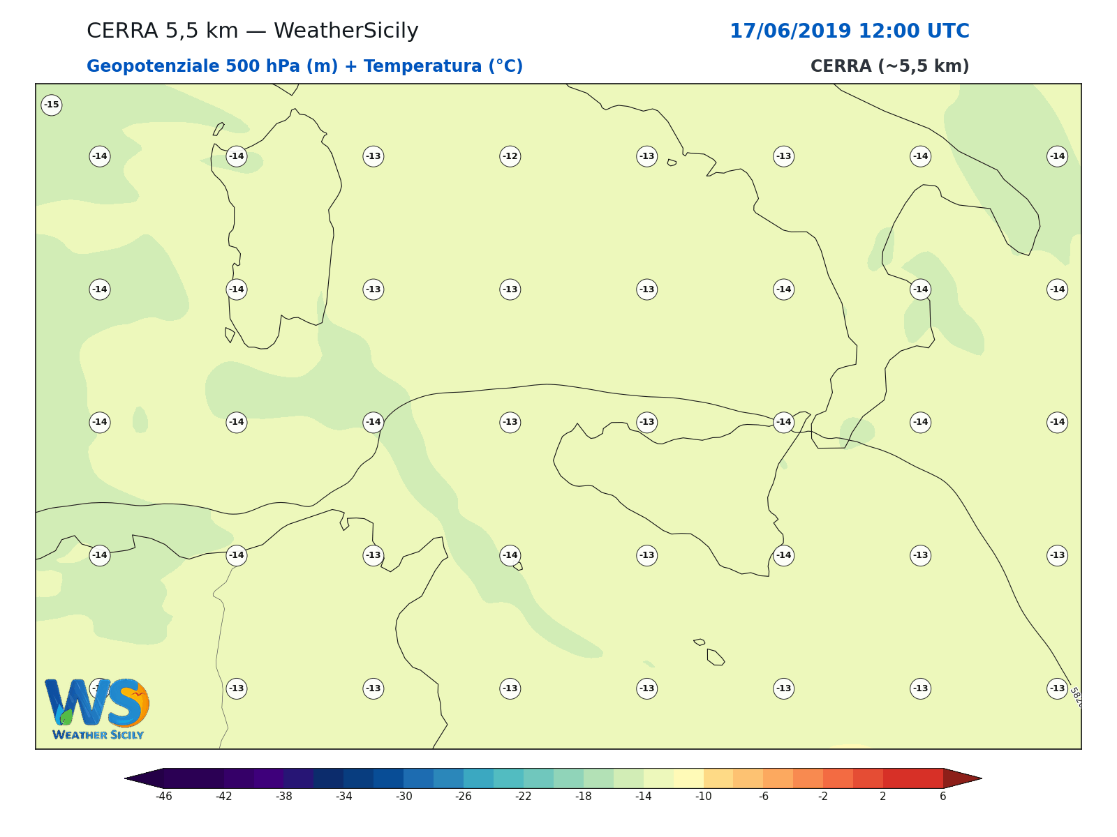 Geopotenziale 500 hPa + Temperatura · 2019061712