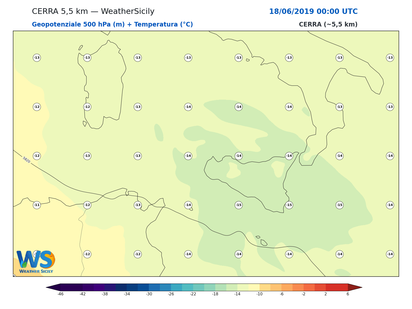 Geopotenziale 500 hPa + Temperatura · 2019061800