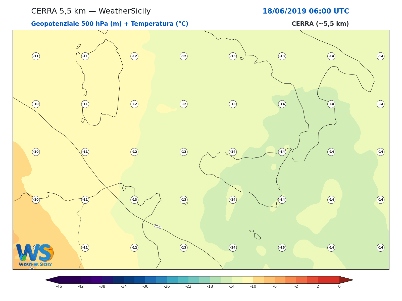 Geopotenziale 500 hPa + Temperatura · 2019061806