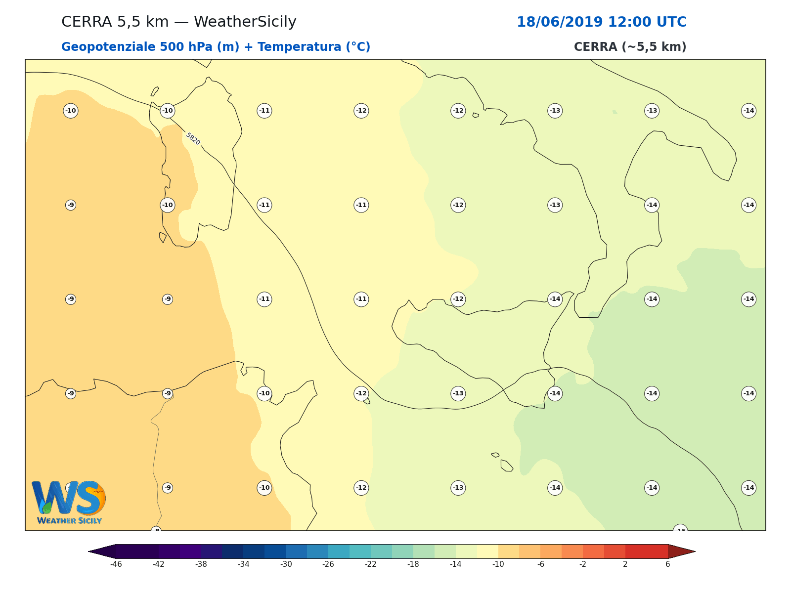 Geopotenziale 500 hPa + Temperatura · 2019061812