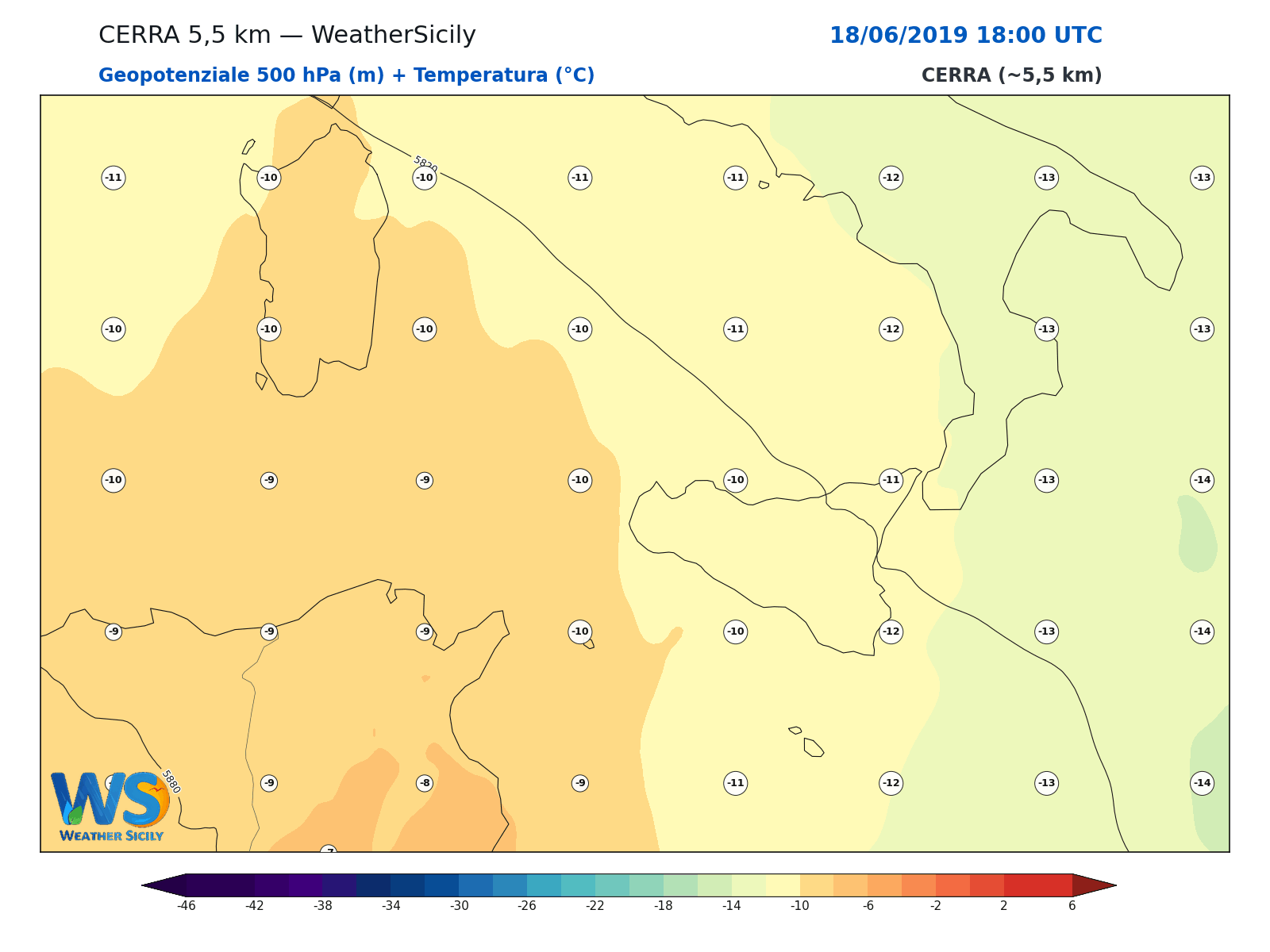 Geopotenziale 500 hPa + Temperatura · 2019061818