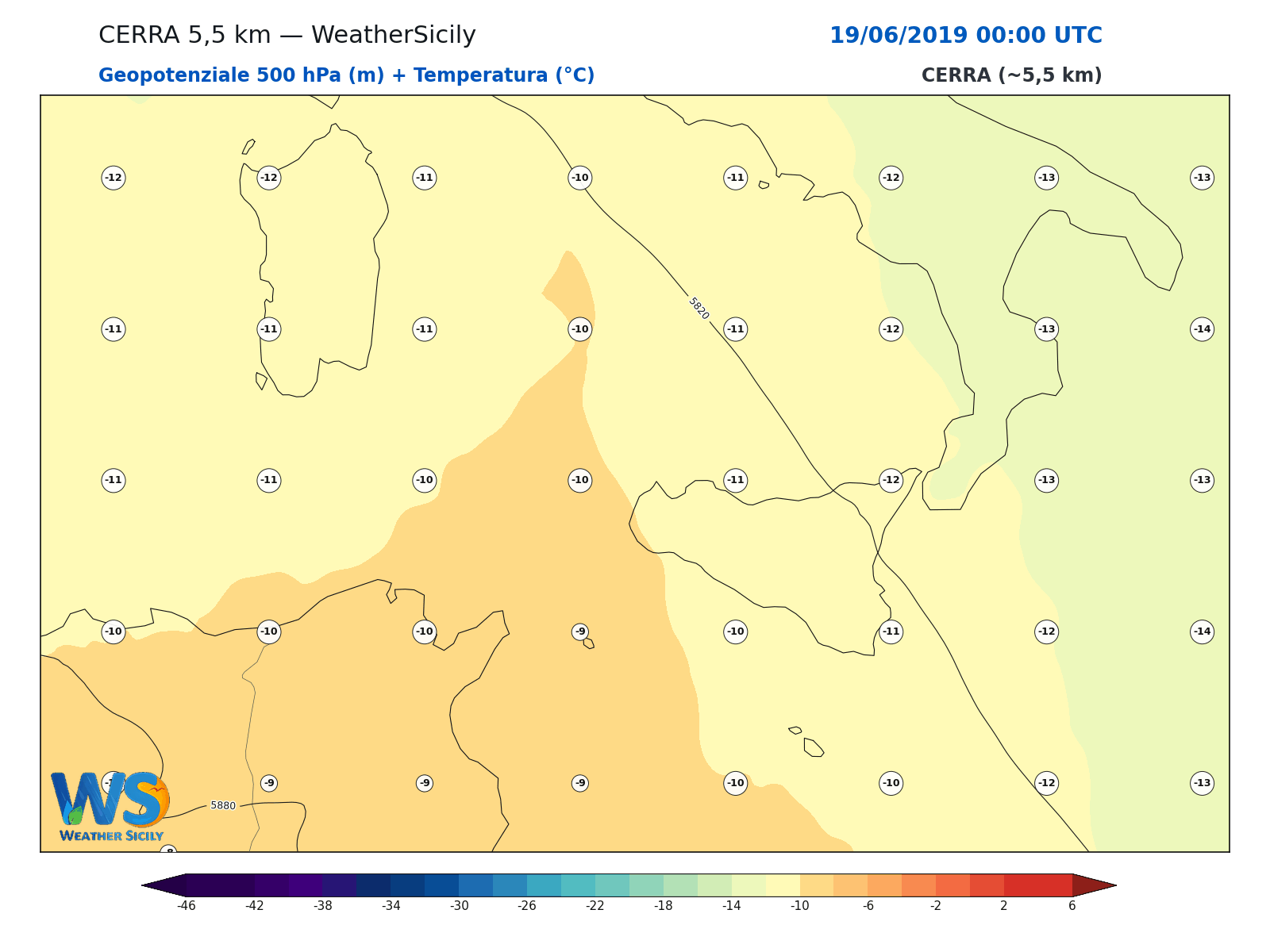 Geopotenziale 500 hPa + Temperatura · 2019061900