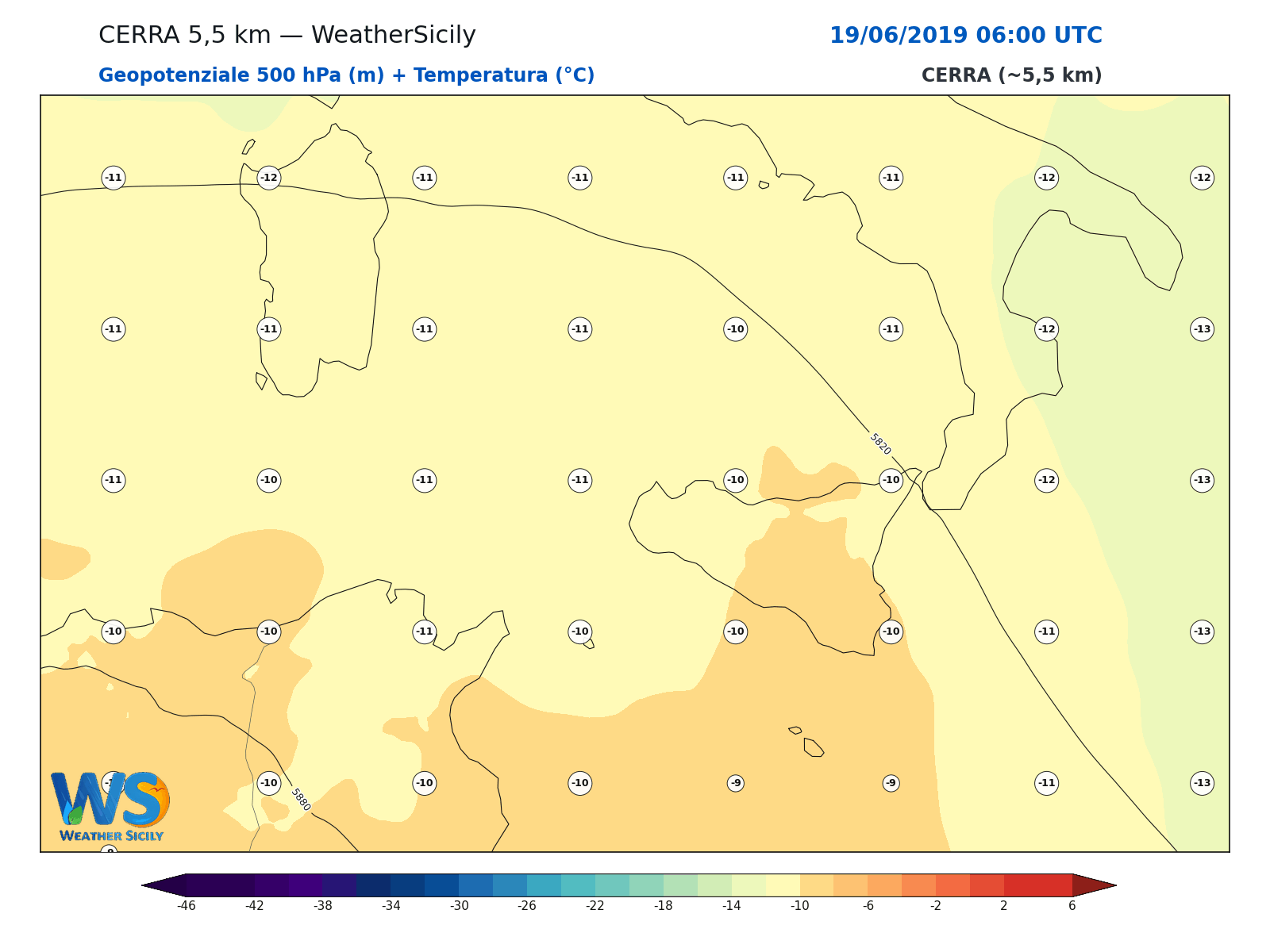 Geopotenziale 500 hPa + Temperatura · 2019061906
