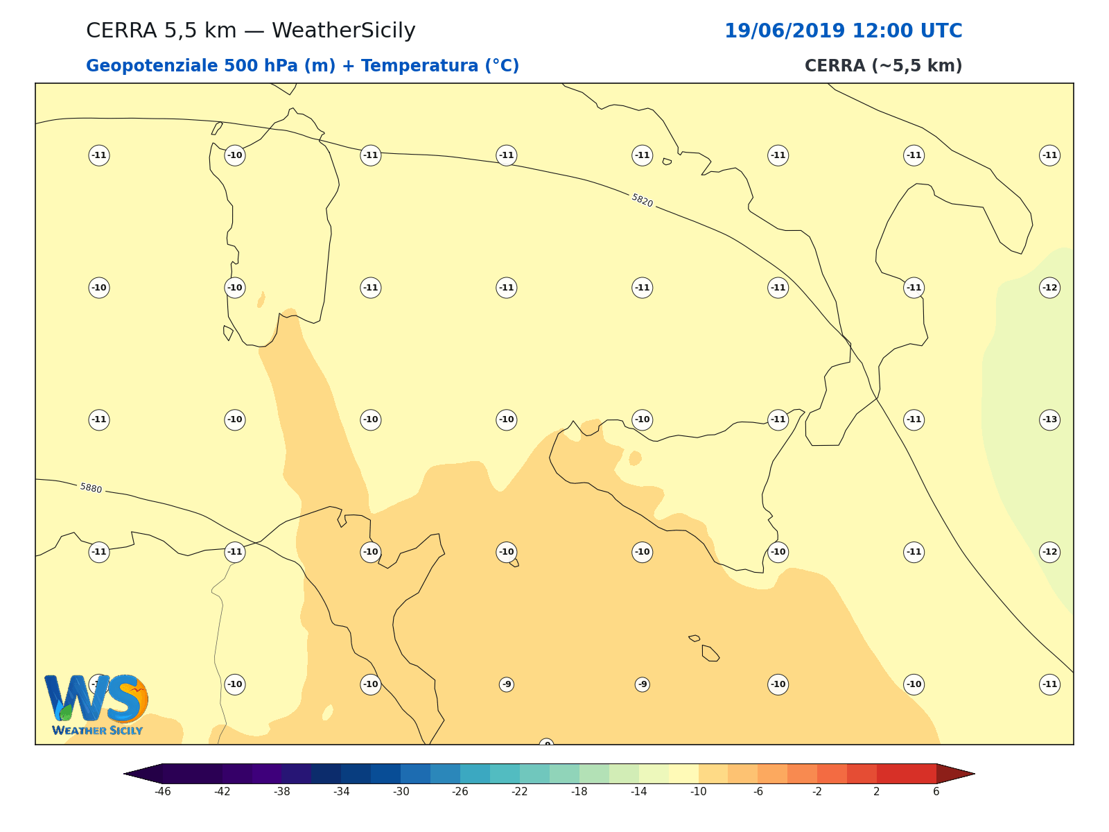 Geopotenziale 500 hPa + Temperatura · 2019061912