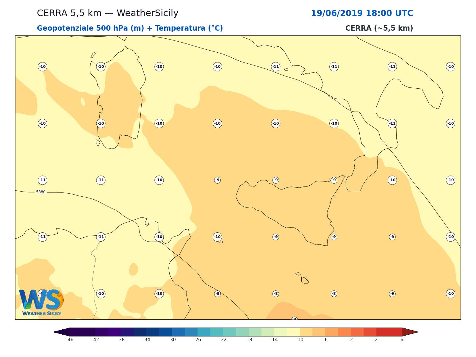 Geopotenziale 500 hPa + Temperatura · 2019061918