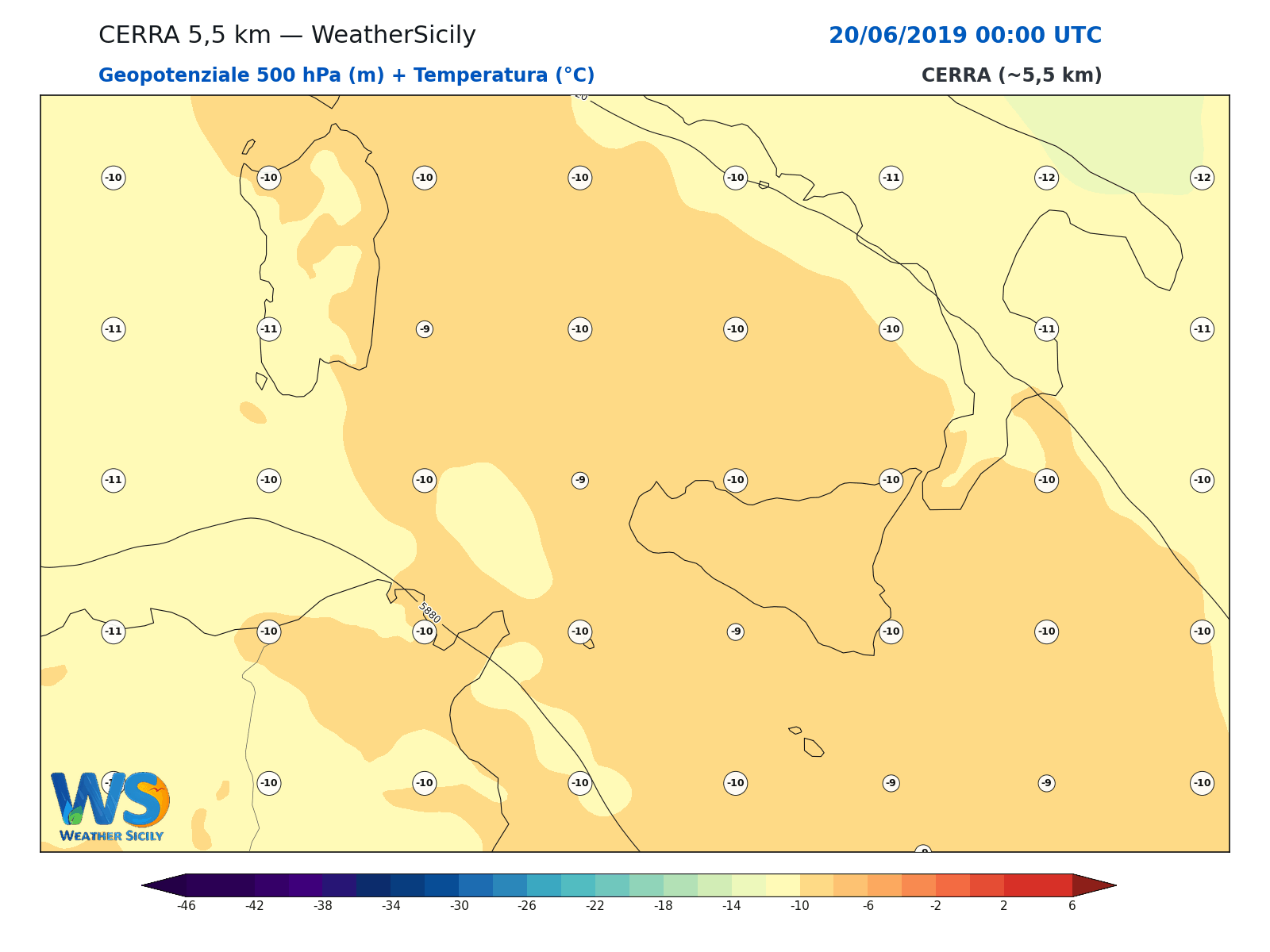 Geopotenziale 500 hPa + Temperatura · 2019062000