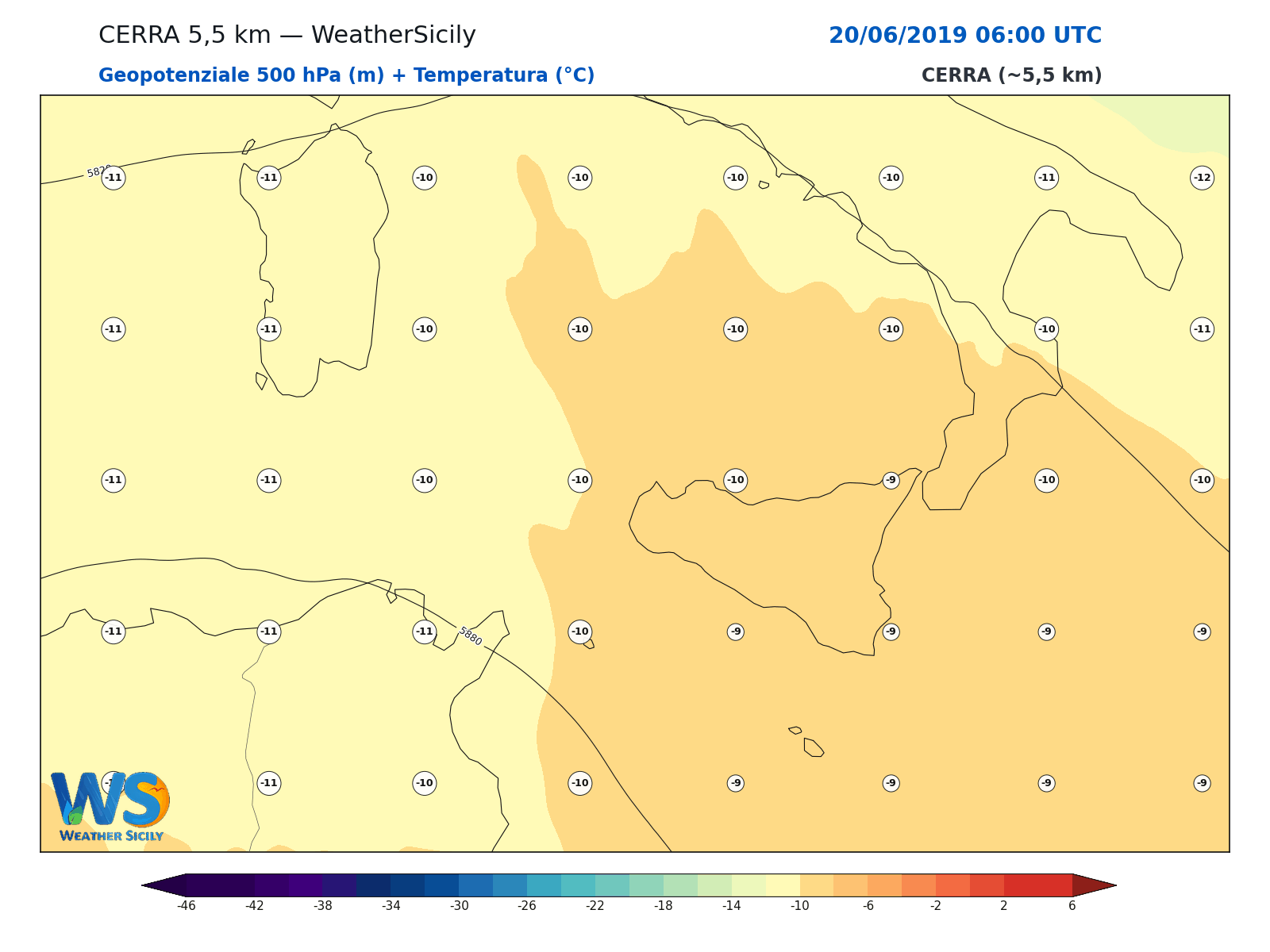Geopotenziale 500 hPa + Temperatura · 2019062006