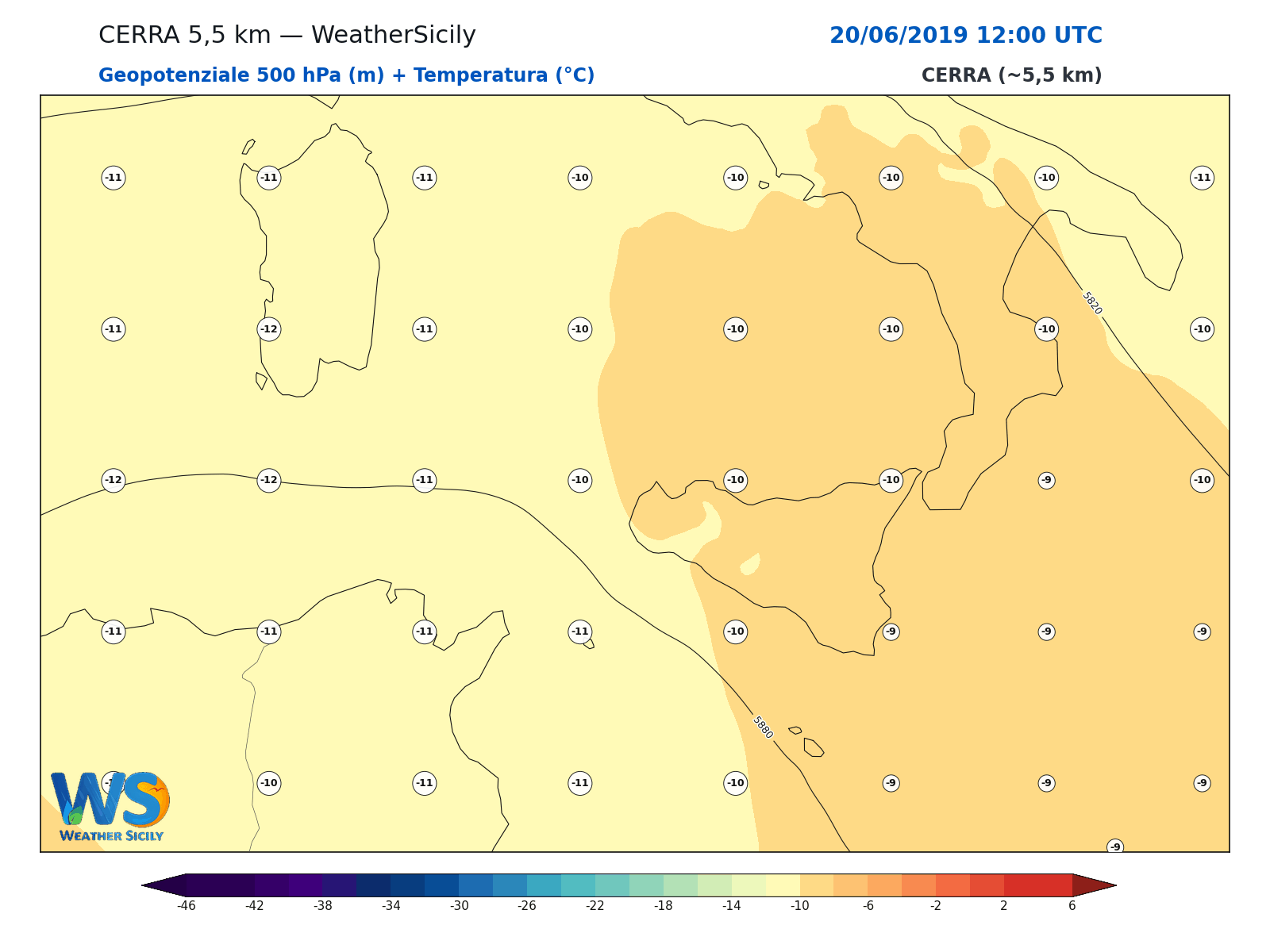 Geopotenziale 500 hPa + Temperatura · 2019062012