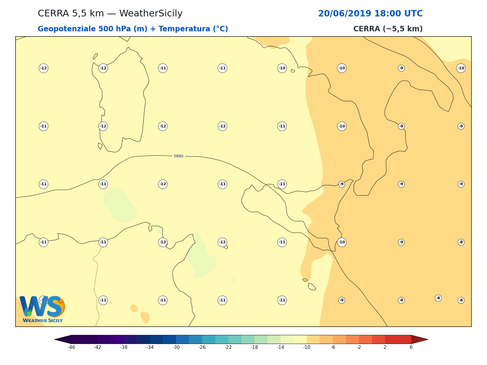 Geopotenziale 500 hPa + Temperatura · 2019062018